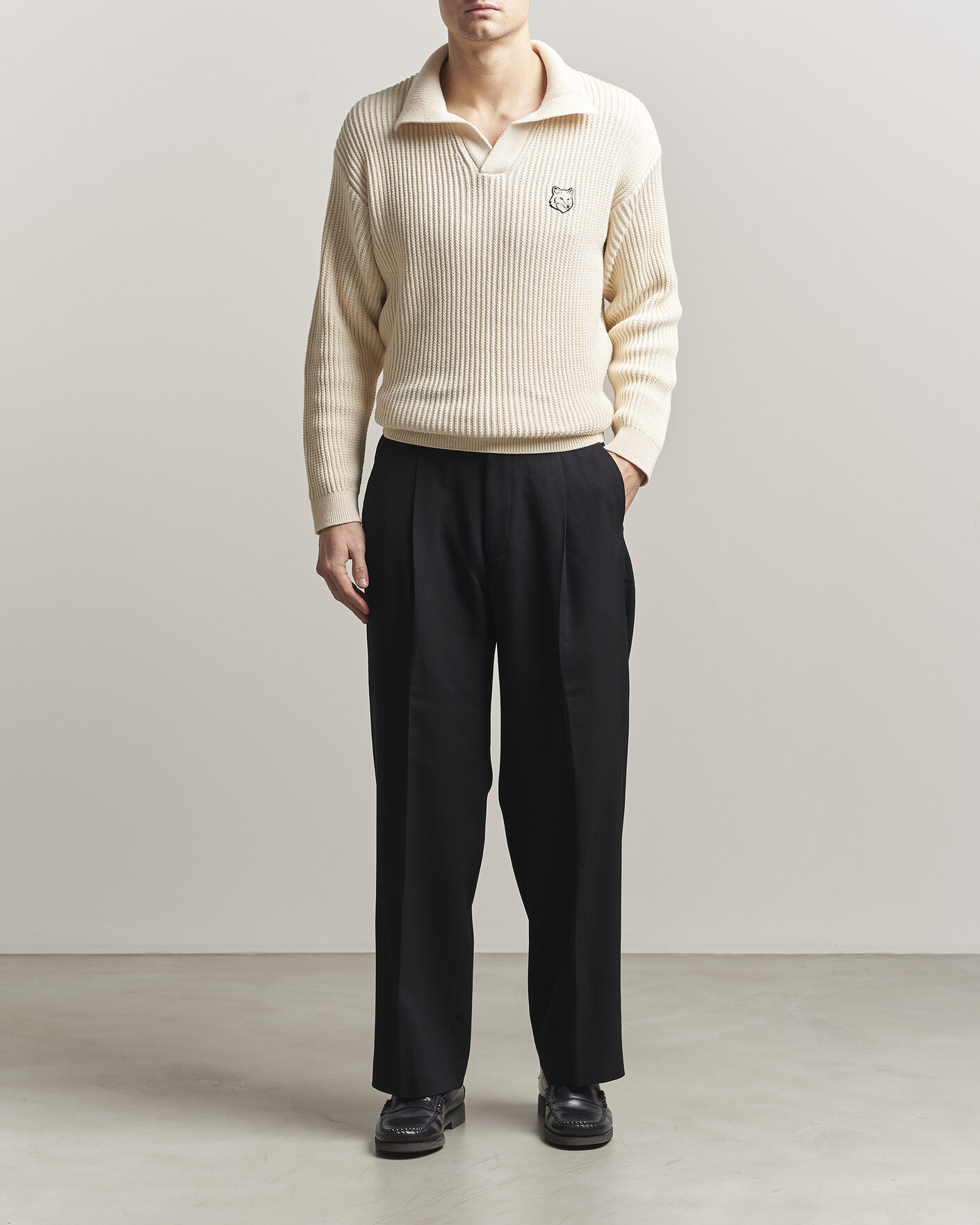 Homme | Polos | Maison Kitsuné | Tonal Fox Head Rib Knitted Polo Sandshell