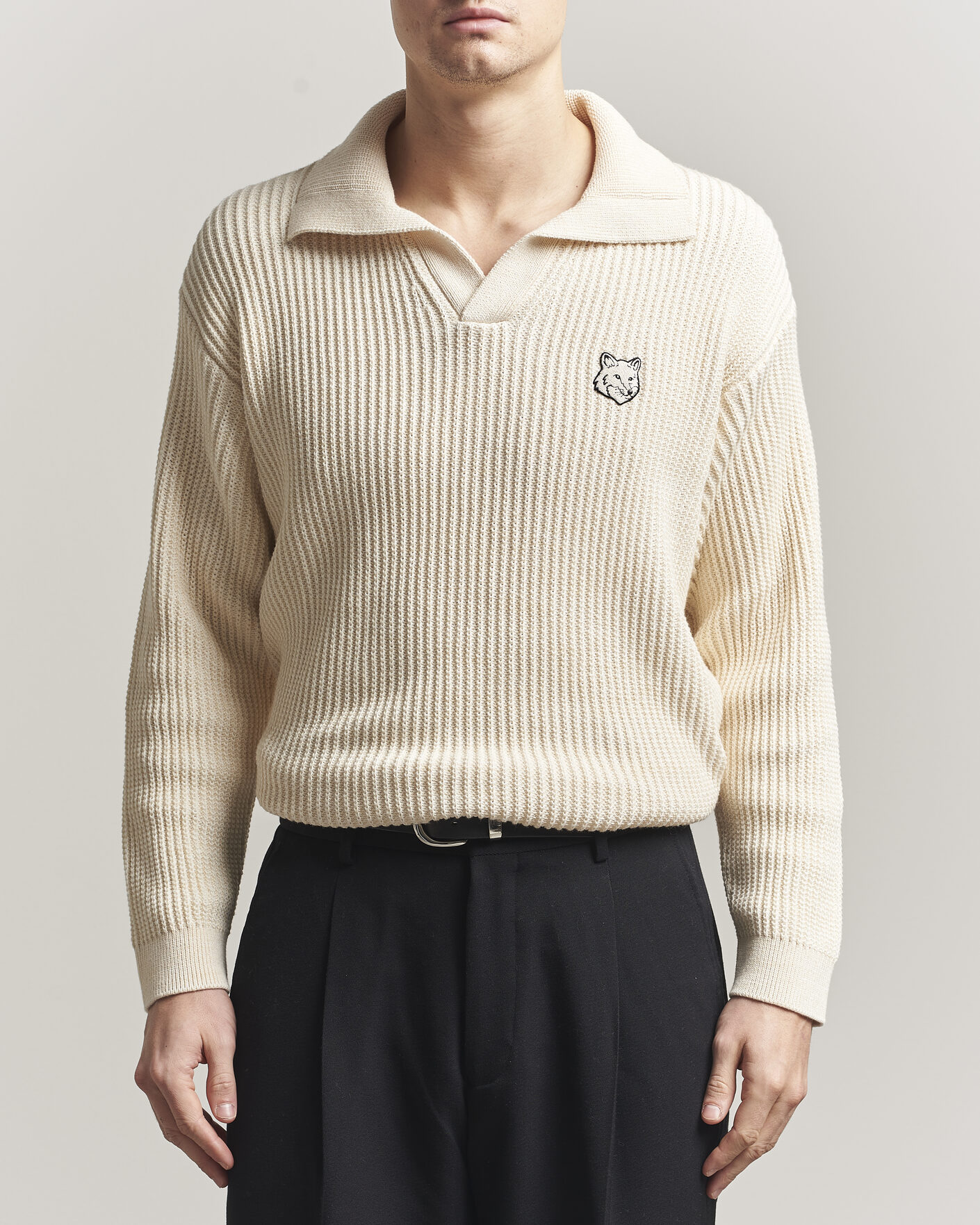 Homme | Polos | Maison Kitsuné | Tonal Fox Head Rib Knitted Polo Sandshell