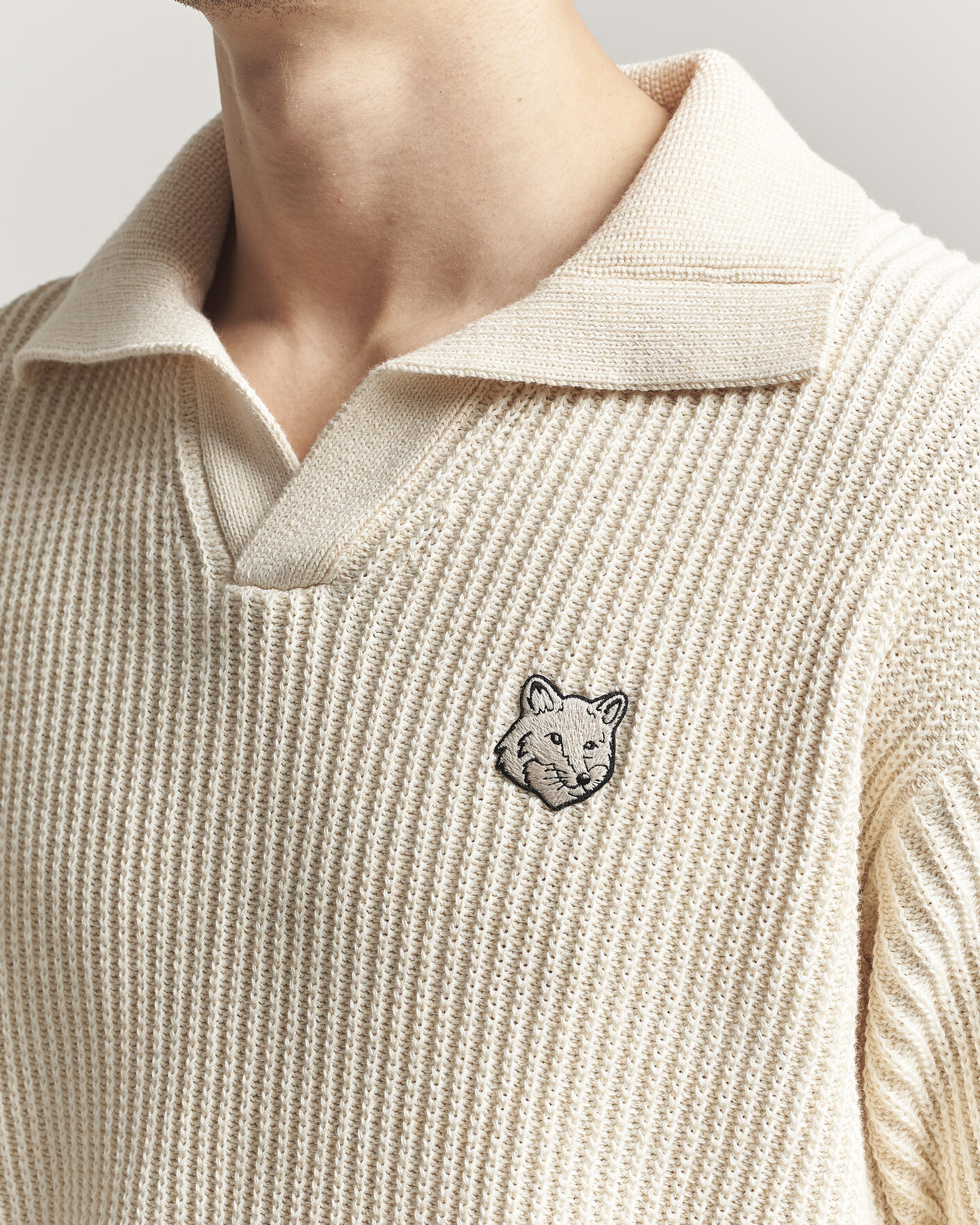 Homme | Polos | Maison Kitsuné | Tonal Fox Head Rib Knitted Polo Sandshell