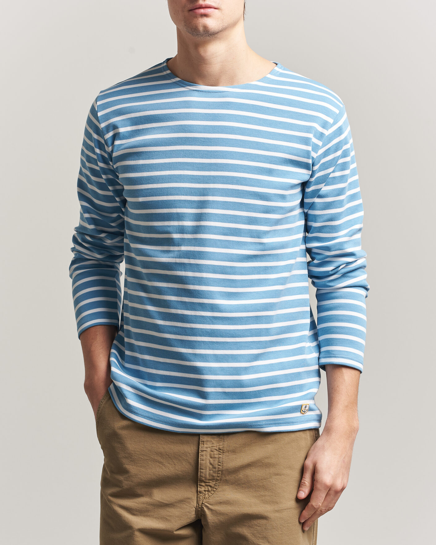 Homme | T-shirts | Armor-lux | Houat Héritage Stripe Long Sleeve T-Shirt Waterfall/Blanc