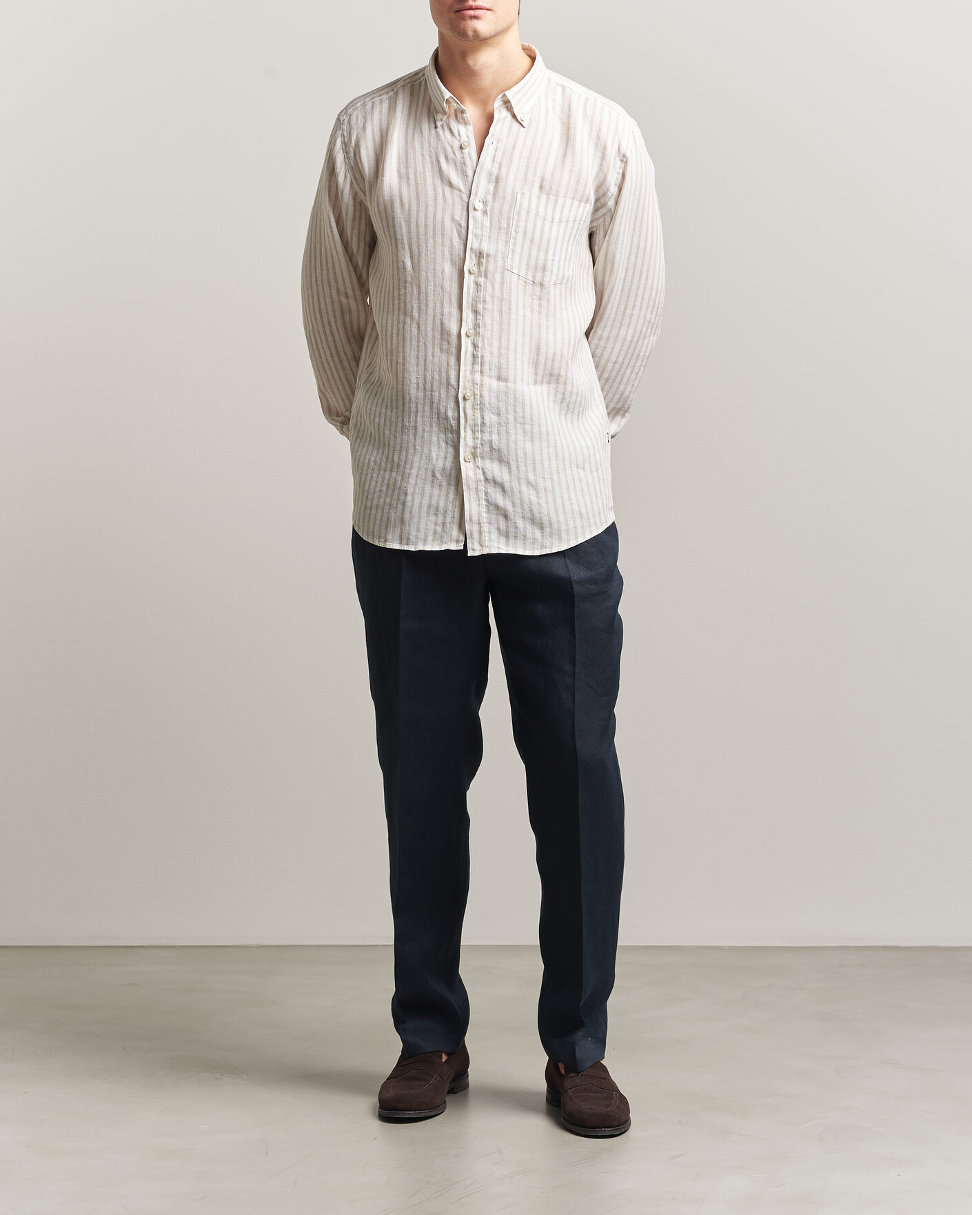 Homme | Chemises | BOSS BLACK | Liam Striped Linen Shirt Open Beige