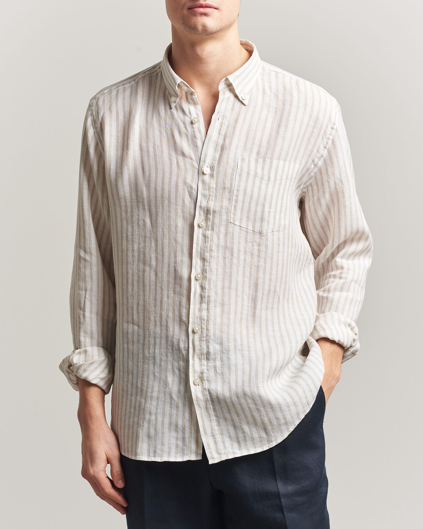 Homme | Chemises | BOSS BLACK | Liam Striped Linen Shirt Open Beige