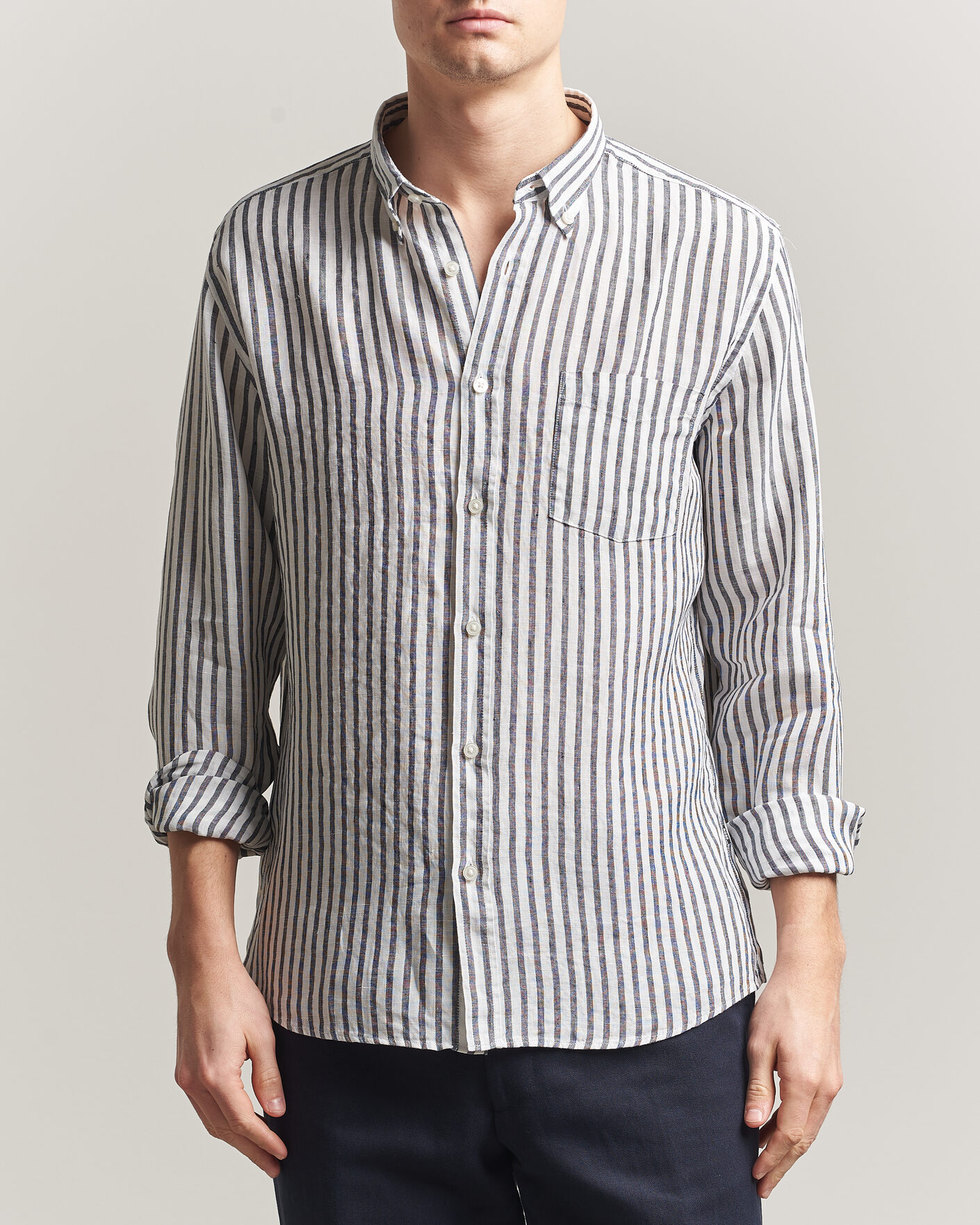 Homme | Chemises | BOSS BLACK | Liam Striped Linen Shirt Dark Blue