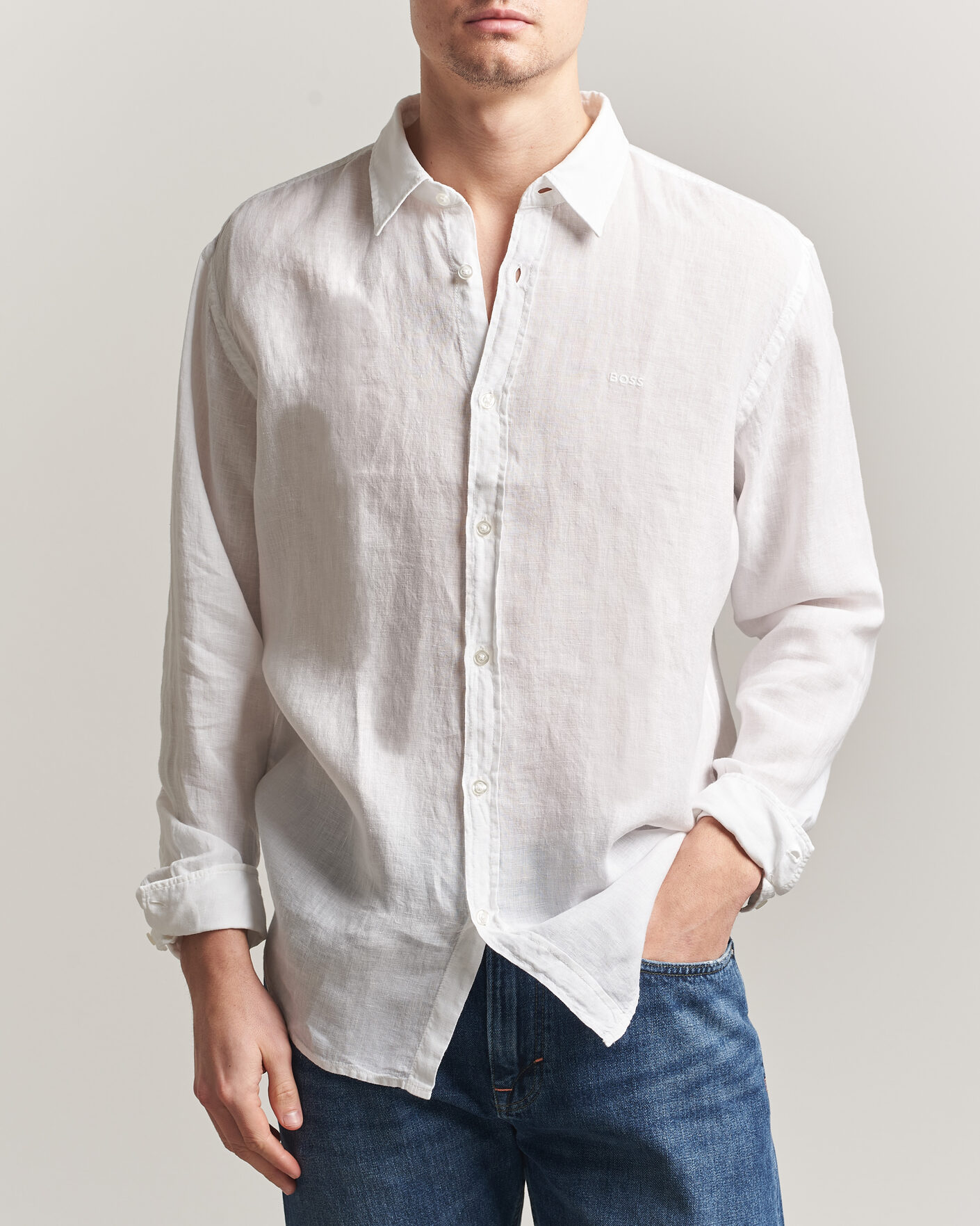 Homme | Chemises | BOSS ORANGE | Relegant Linen Shirt White