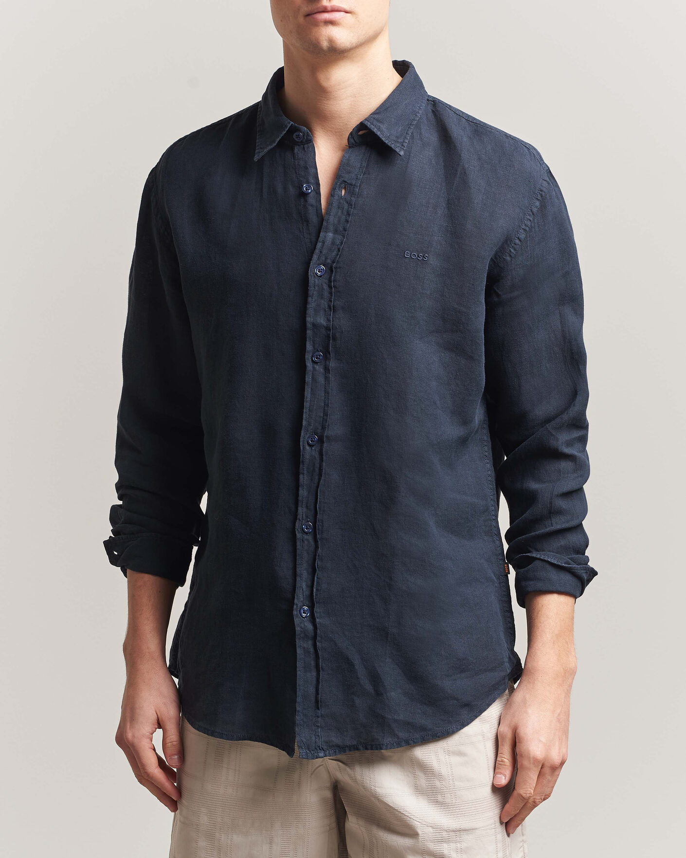 Homme | Chemises | BOSS ORANGE | Relegant Linen Shirt Dark Blue