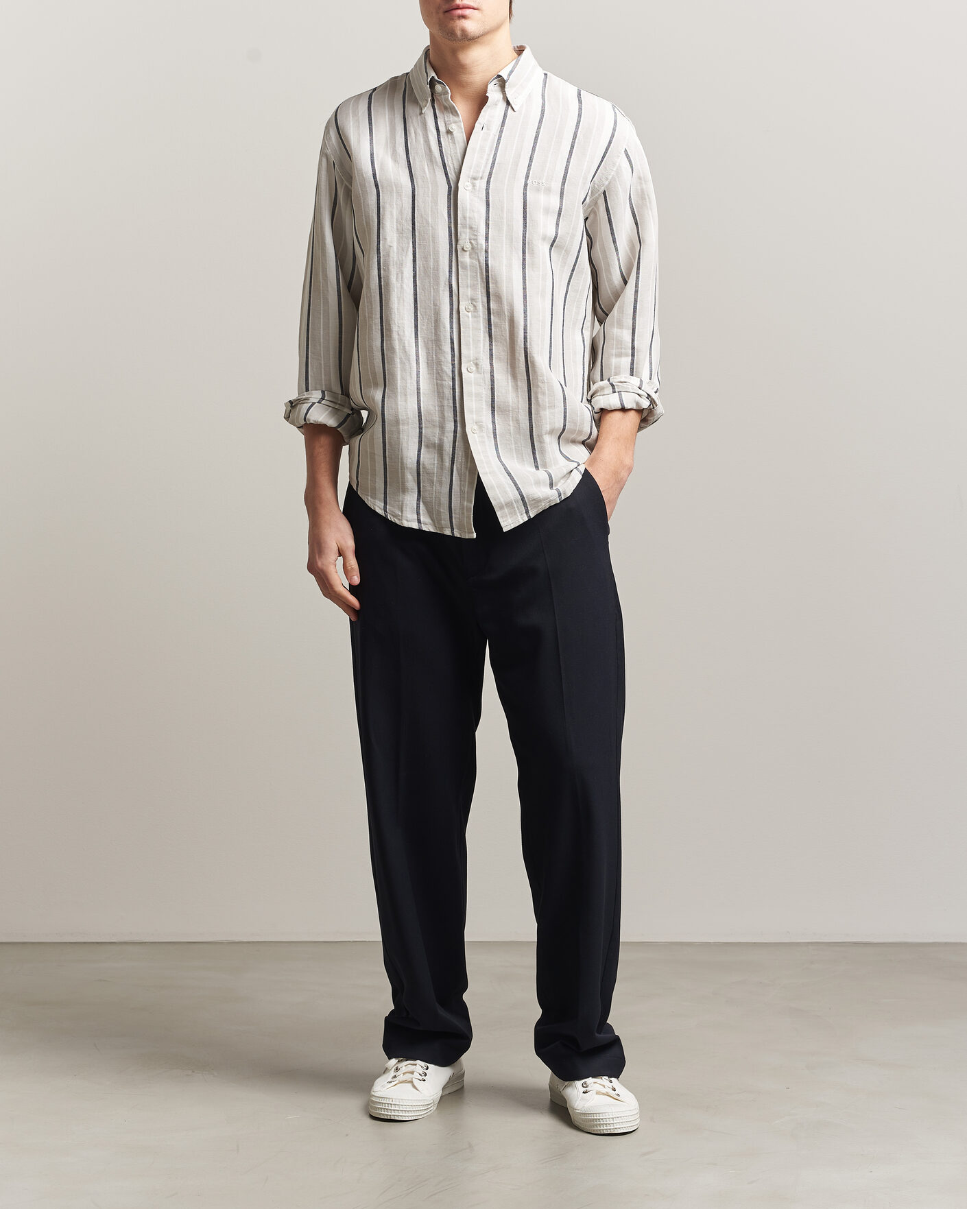 Homme | Chemises | BOSS ORANGE | Ricoplus Linen/Cotton Striped Shirt Beige