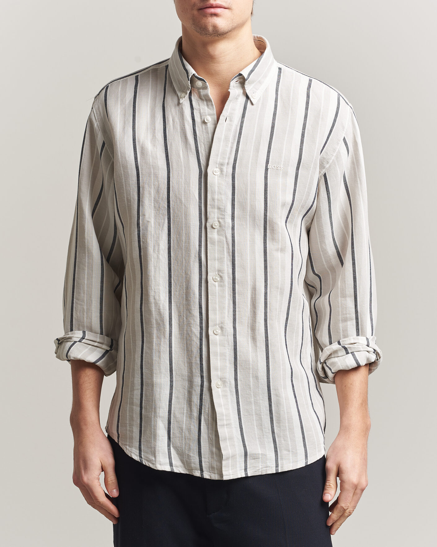 Homme | Chemises | BOSS ORANGE | Ricoplus Linen/Cotton Striped Shirt Beige