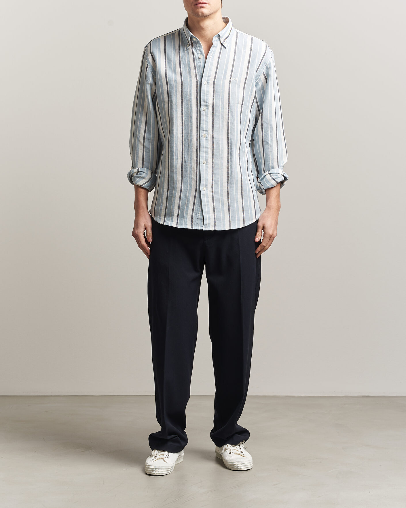 Homme | Chemises | BOSS ORANGE | Ricoplus Linen/Cotton Striped Shirt Light Blue