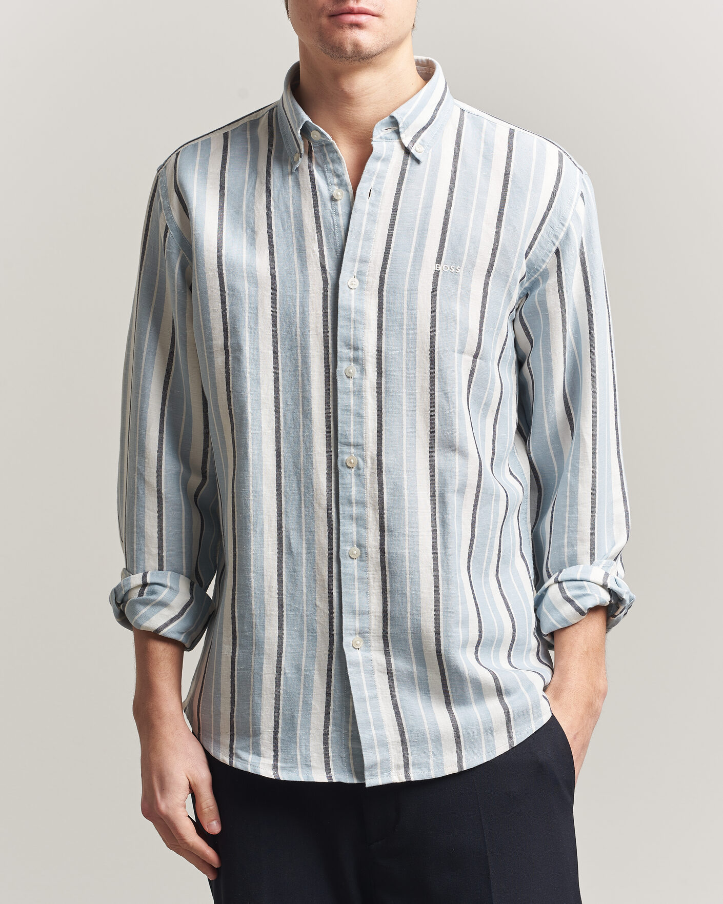 Homme | Chemises | BOSS ORANGE | Ricoplus Linen/Cotton Striped Shirt Light Blue