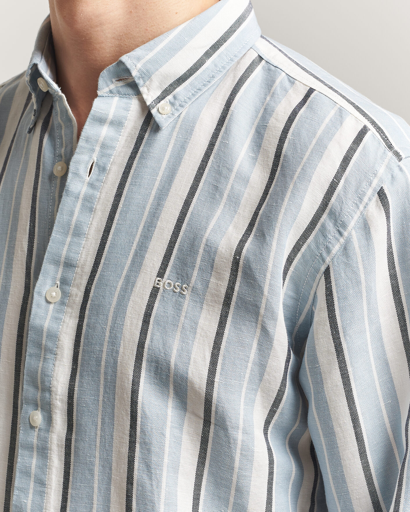 Homme | Chemises | BOSS ORANGE | Ricoplus Linen/Cotton Striped Shirt Light Blue