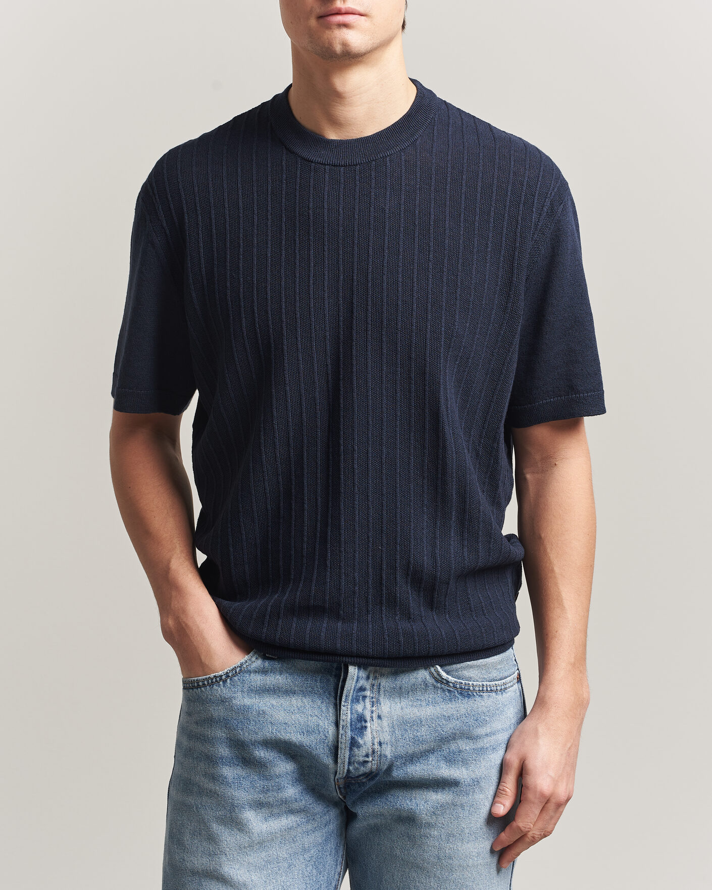Homme | T-shirts | BOSS ORANGE | Kajordino Linen/Cotton Knitted T-Shirt Dark Blue
