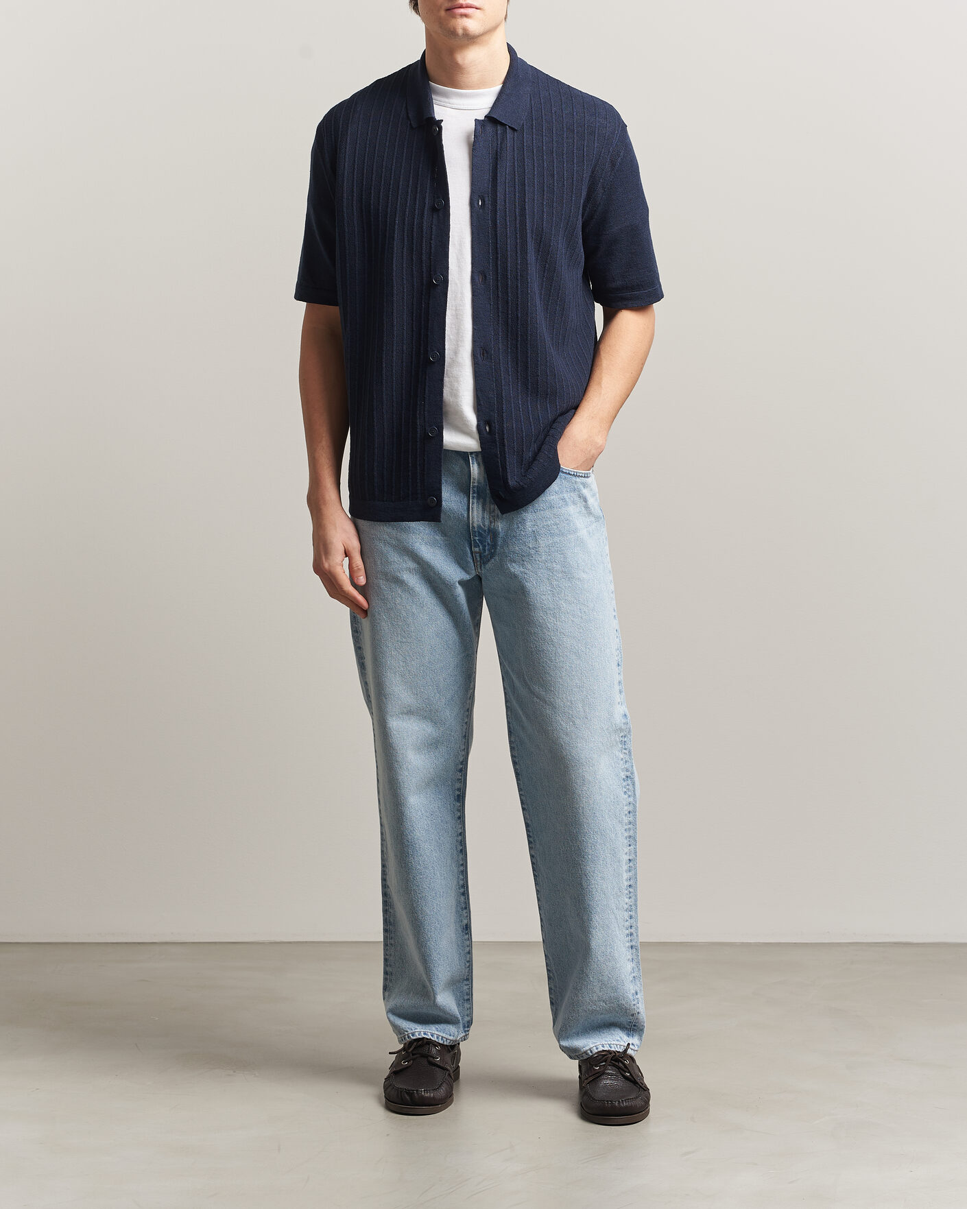 Homme | Chemises | BOSS ORANGE | Amicino Linen/Cotton Knitted Shirt Dark Blue