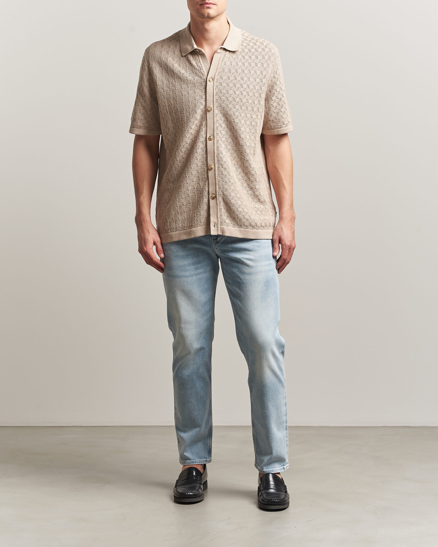 Homme | Chemises | BOSS BLACK | Nappo Knitted Short Sleeve Shirt Open Beige