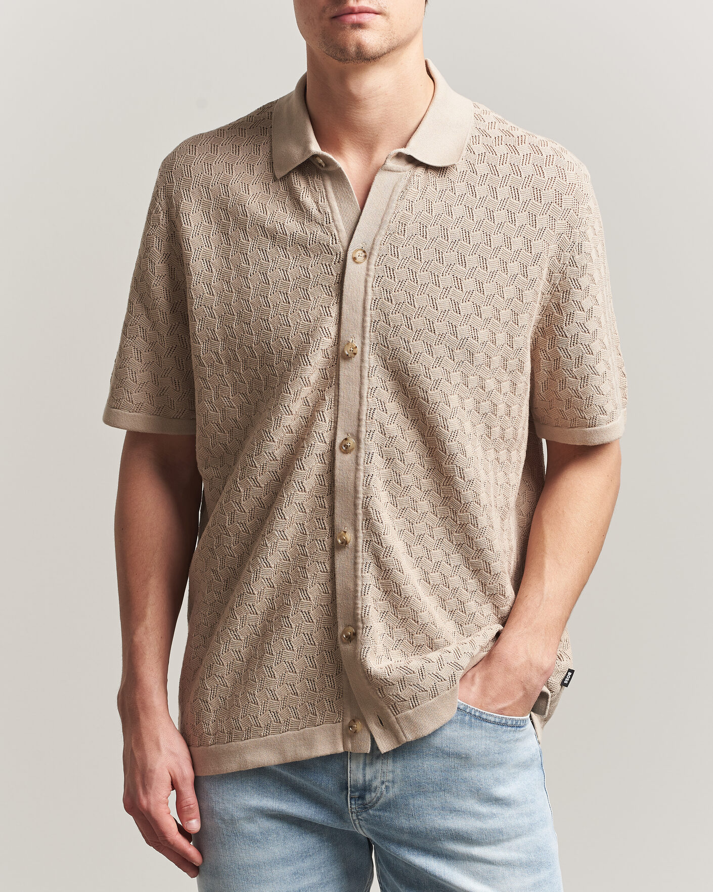 Homme | Chemises | BOSS BLACK | Nappo Knitted Short Sleeve Shirt Open Beige
