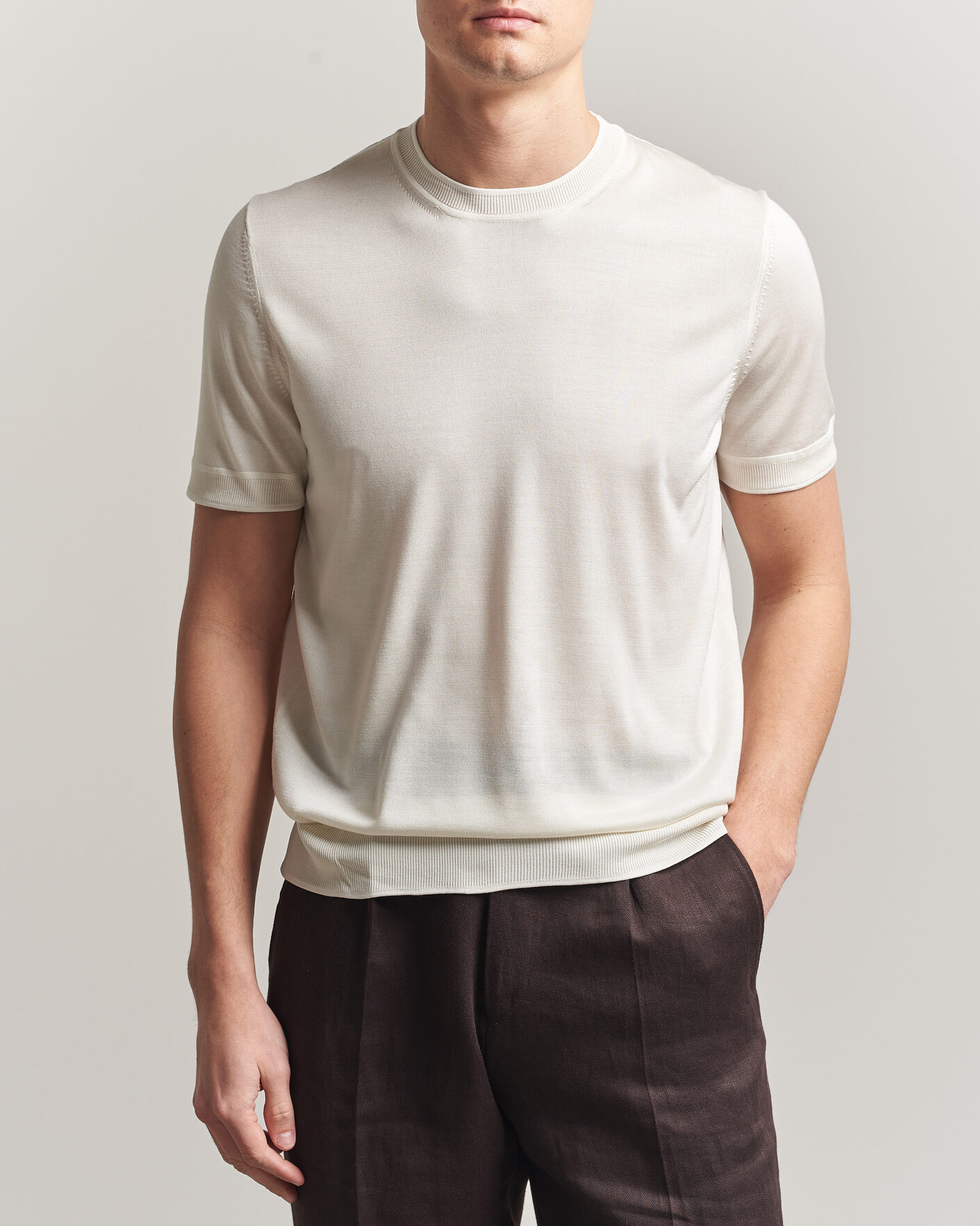 Homme | T-shirts | BOSS CAMEL | Nottano Silk Knitted T-Shirt Open White