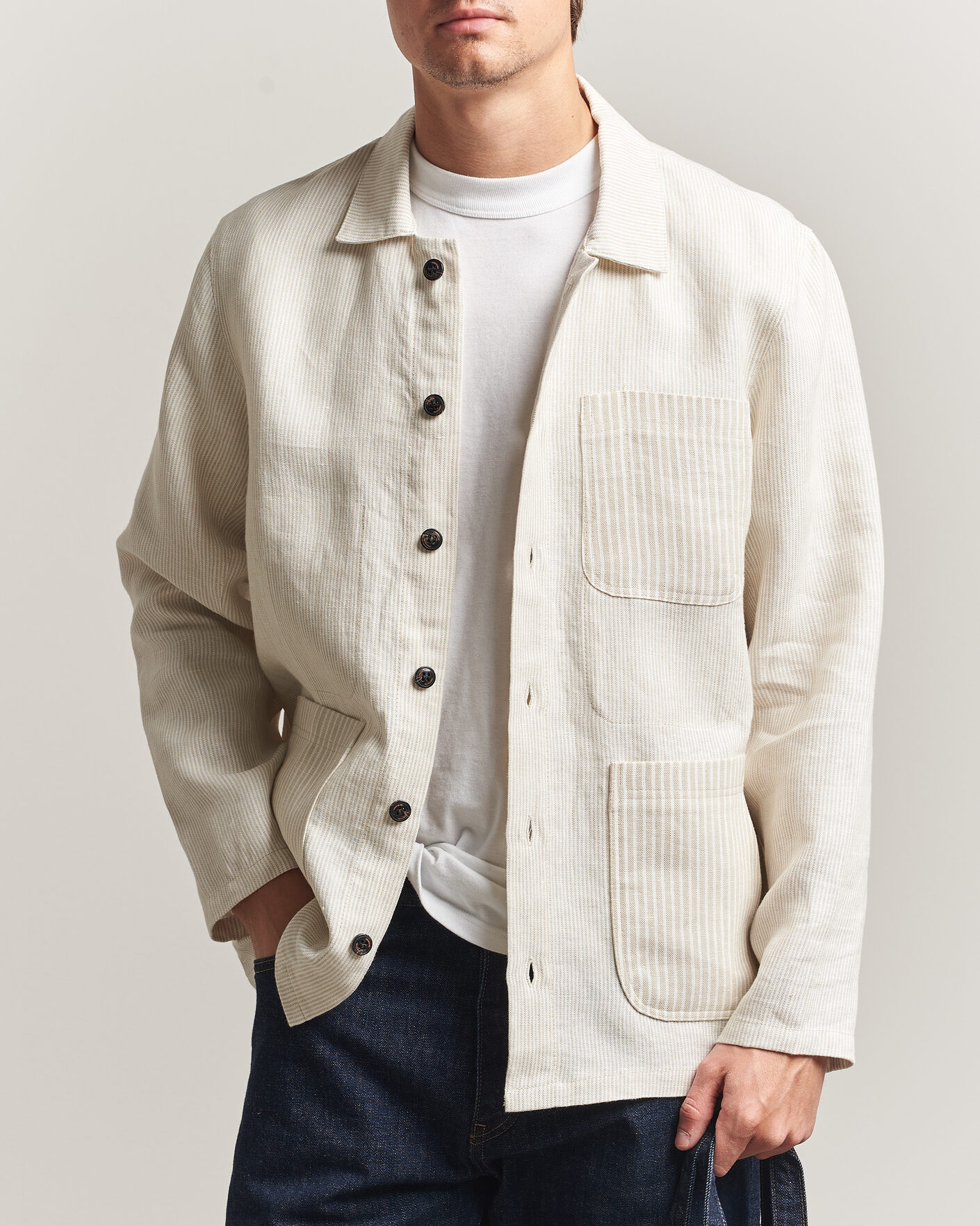 Homme | Chemises | Peregrine | Windsor Linen Shacket Beige Stripe