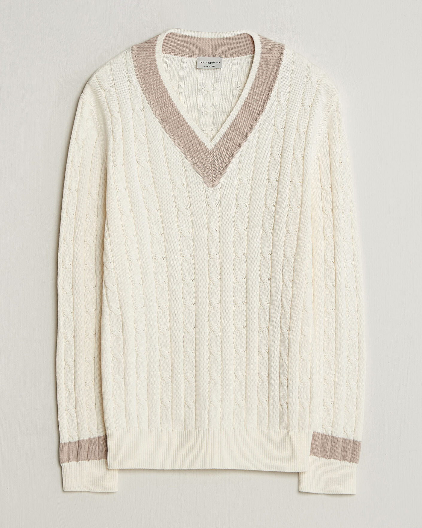 Homme | Pulls Et Tricots | Morgano | Cable Knitted Cotton V-Neck White/Beige