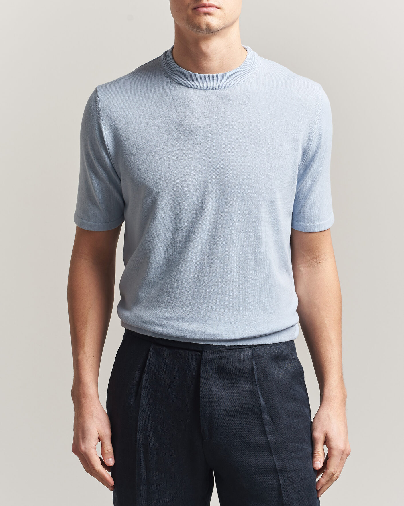 Homme | T-shirts | Morgano | Knitted Cotton Crepe T-Shirt Light Blue