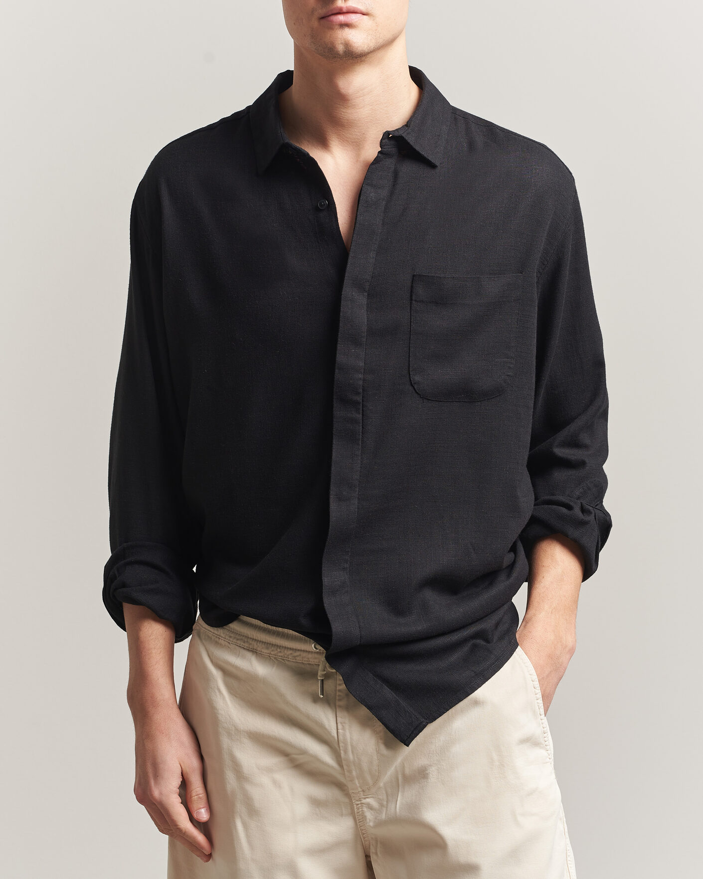 Homme | Chemises | KnowledgeCotton Apparel | Linen/Lycell Relaxed Long Sleeve Shirt Black