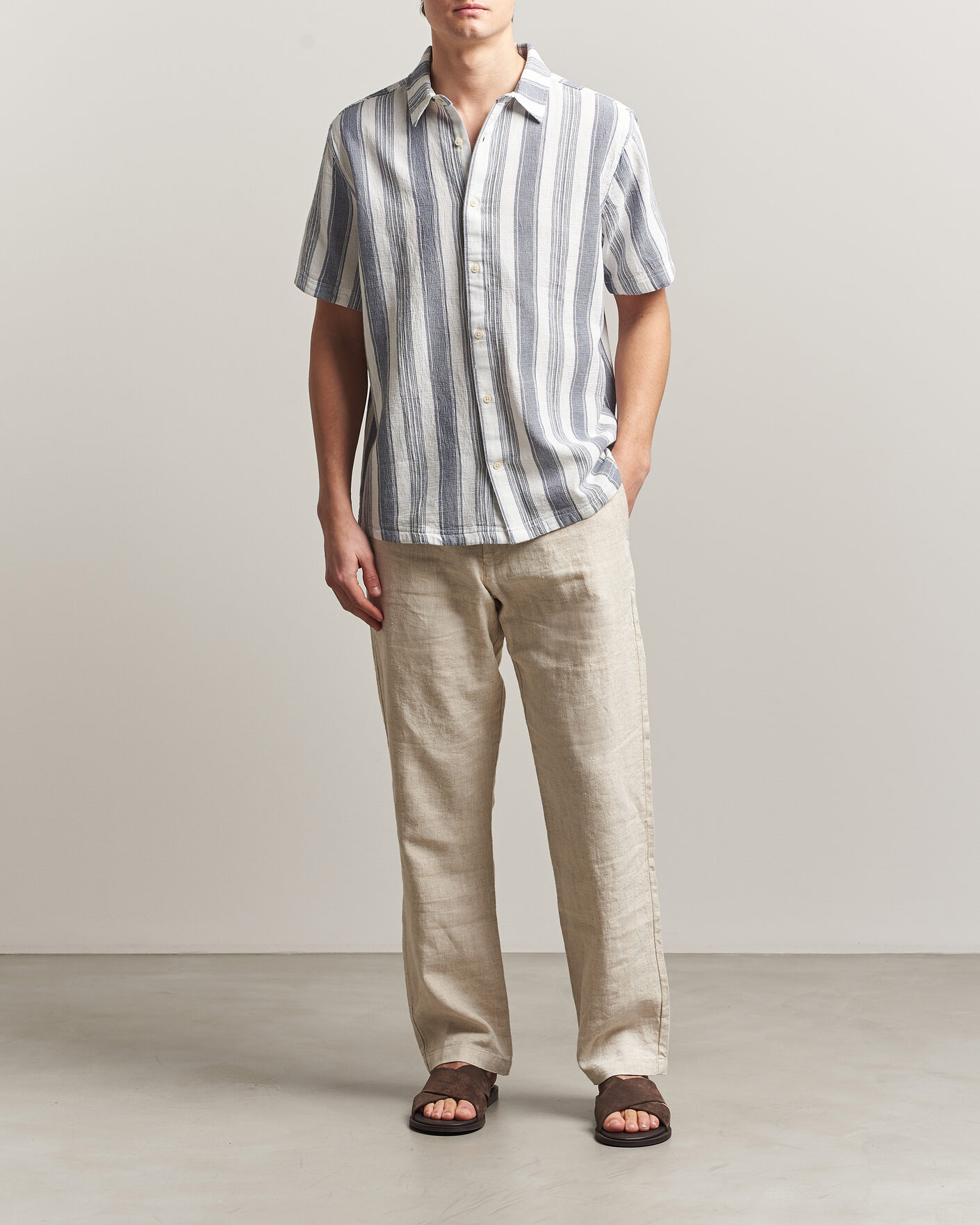 Homme | Chemises | KnowledgeCotton Apparel | Box Short Sleeve Stripe Shirt Blue Stripe