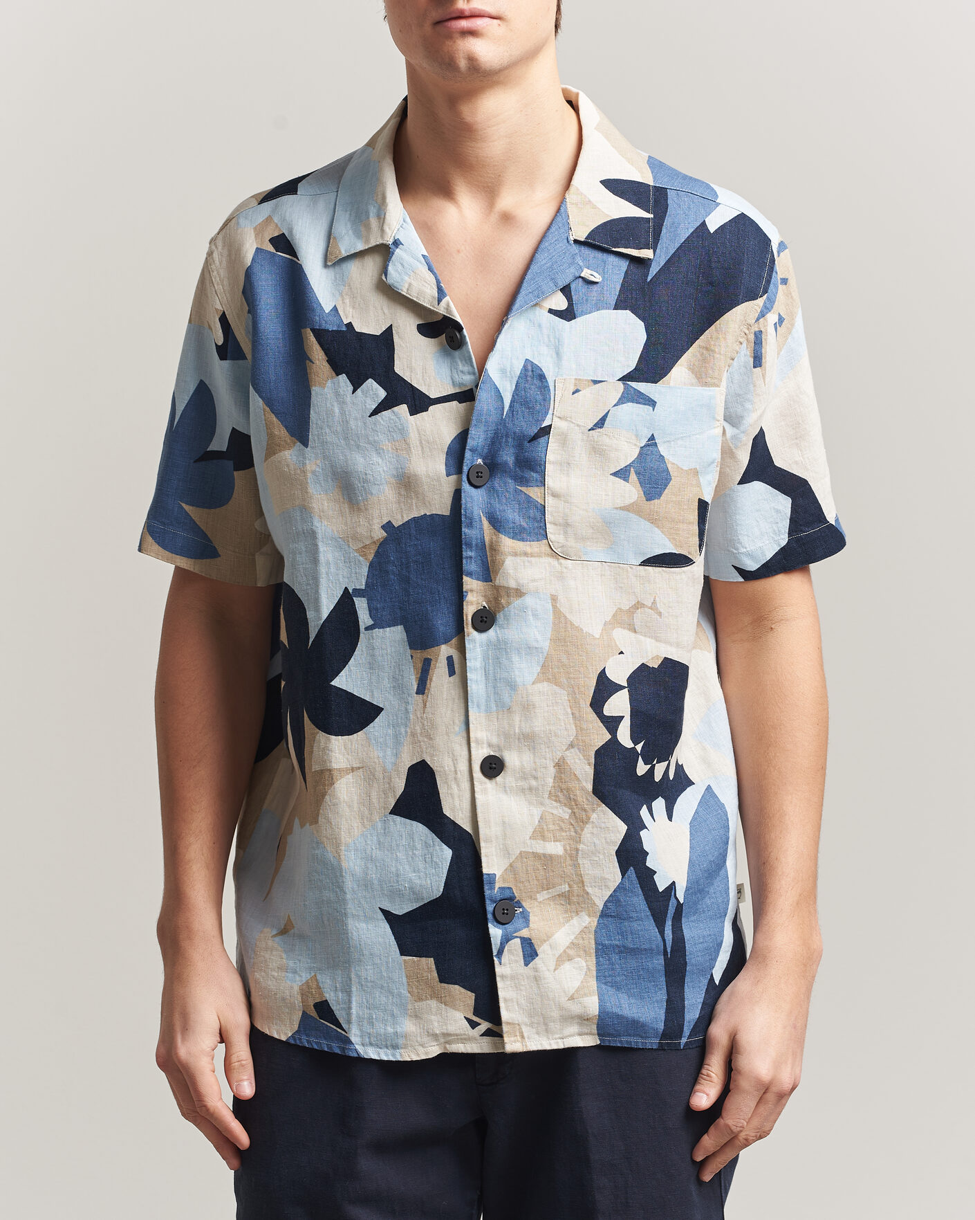 Homme | Chemises | KnowledgeCotton Apparel | Relaxed Printed Linen Short Sleeve Shirt Blue