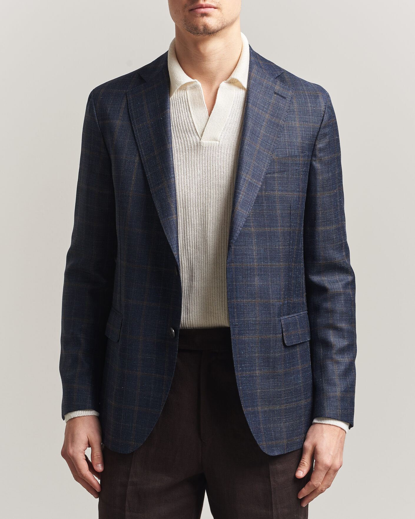 Homme | Blazers | Oscar Jacobson | Ferry Patch Loro Piana Summertime Checked Blazer Navy