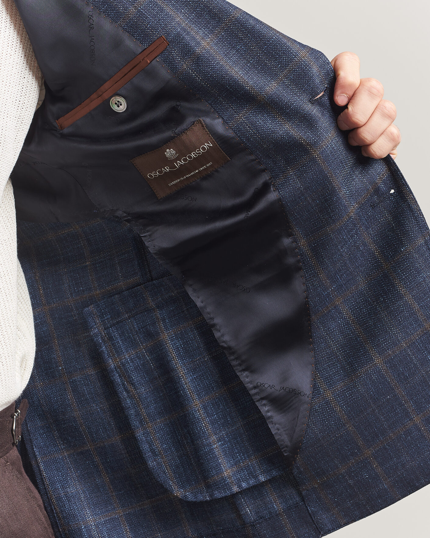 Homme | Blazers | Oscar Jacobson | Ferry Patch Loro Piana Summertime Checked Blazer Navy