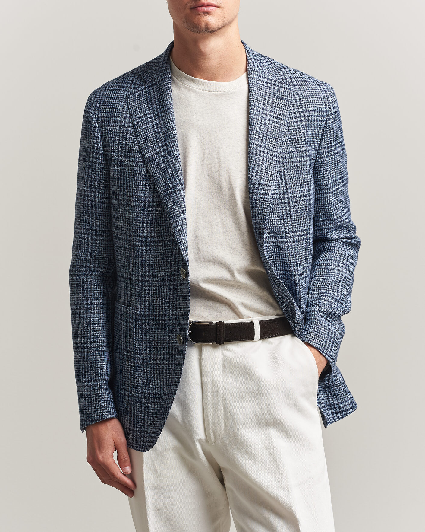 Homme | Blazers | Oscar Jacobson | Ferry Patch Soft Checked Linen/Wool Blazer Blue