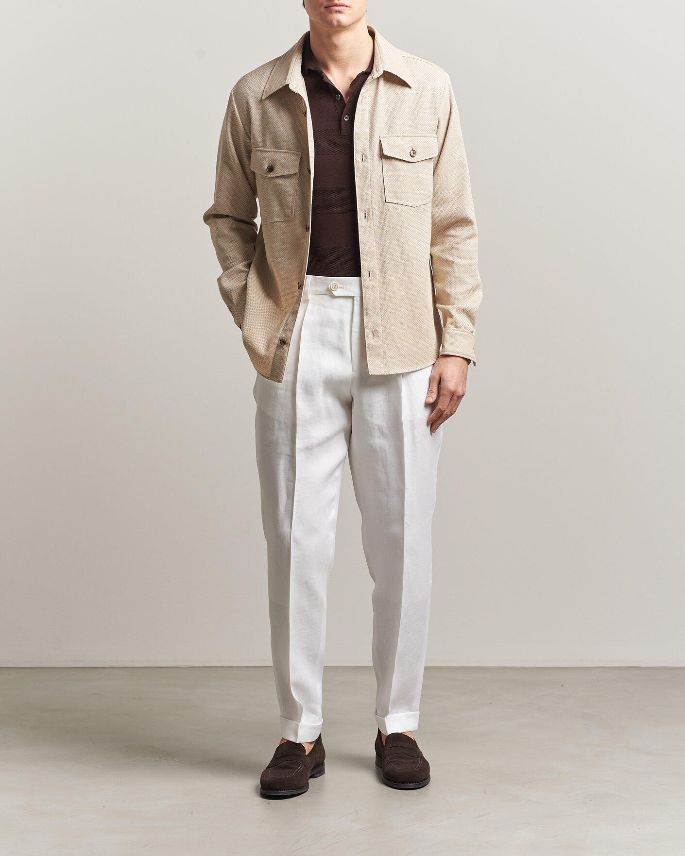 Homme | Chemises | Oscar Jacobson | Magnus Structure Cotton Overshirt Beige