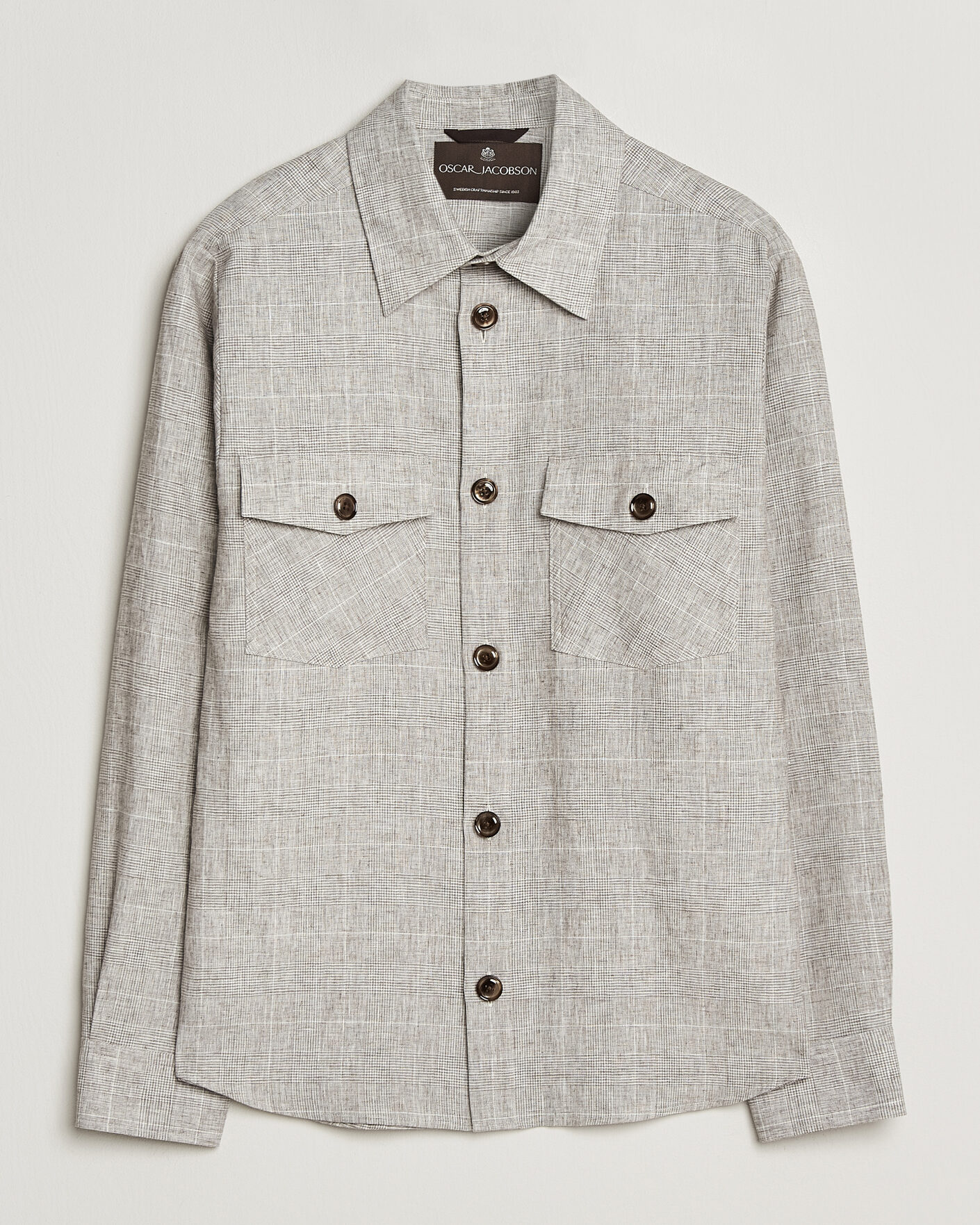 Homme | Chemises | Oscar Jacobson | Magnus Checked Linen Overshirt Beige