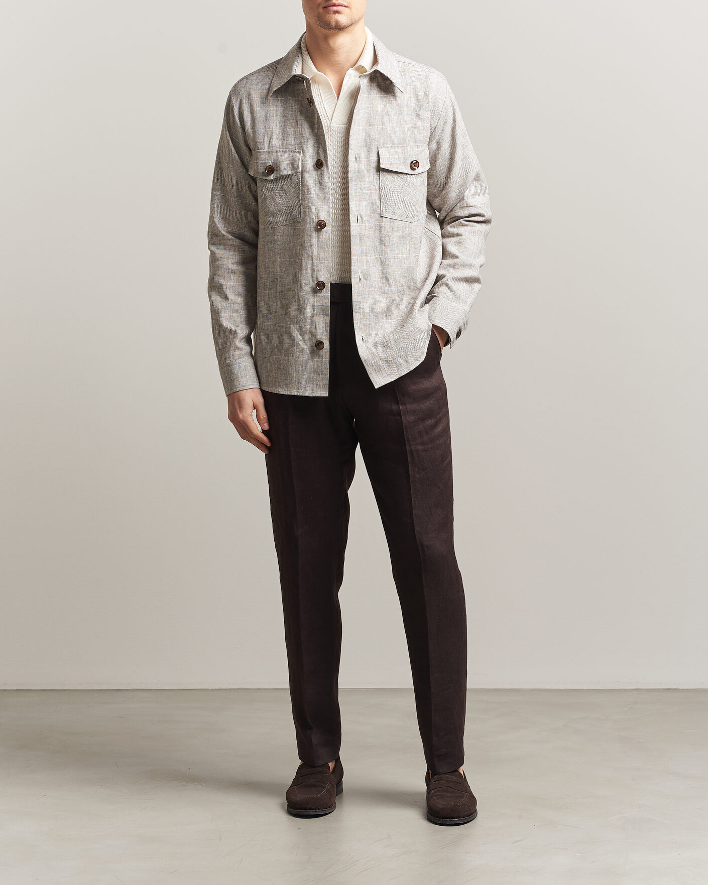 Homme | Chemises | Oscar Jacobson | Magnus Checked Linen Overshirt Beige