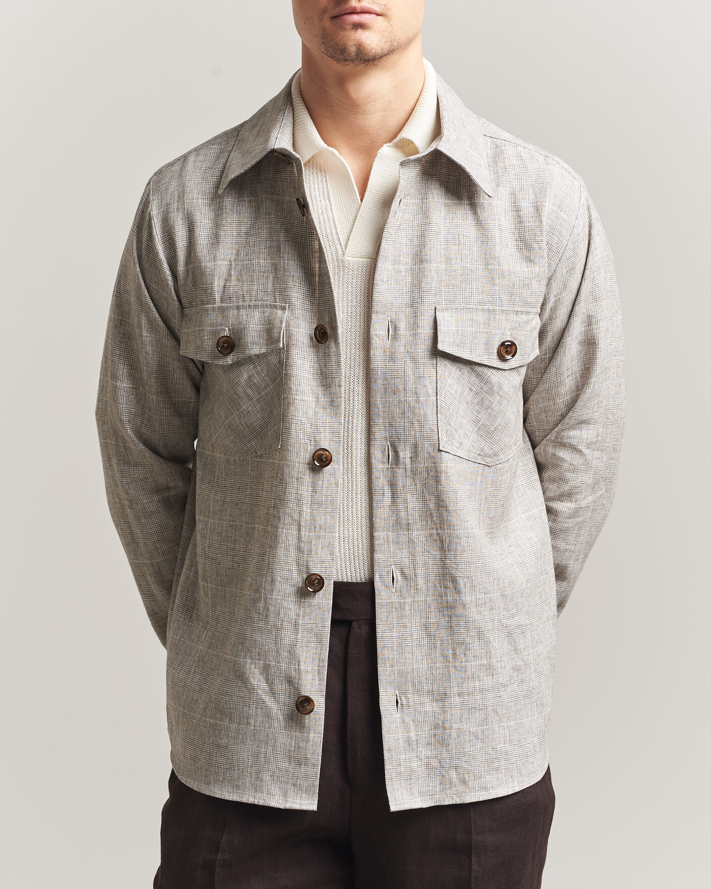 Homme | Chemises | Oscar Jacobson | Magnus Checked Linen Overshirt Beige