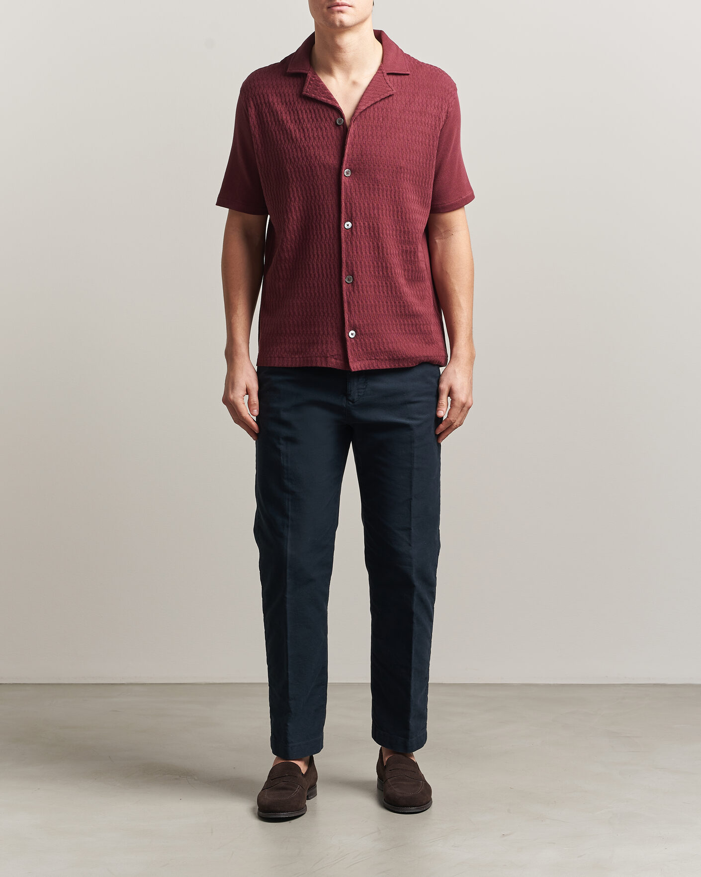Homme | Chemises | Oscar Jacobson | Kirk Knitted Short Sleeve Shirt Wine Red
