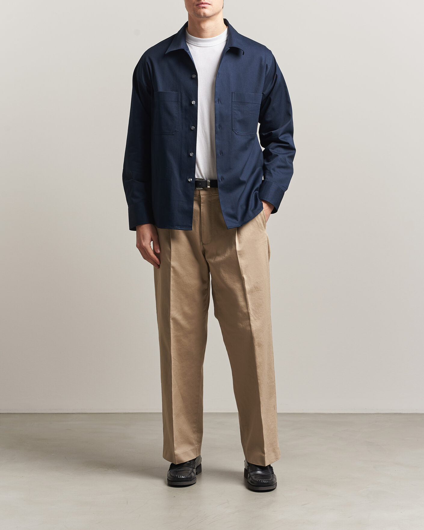 Homme | Chemises | Oscar Jacobson | Straight Fit Bowling Collar Cotton Shirt Navy