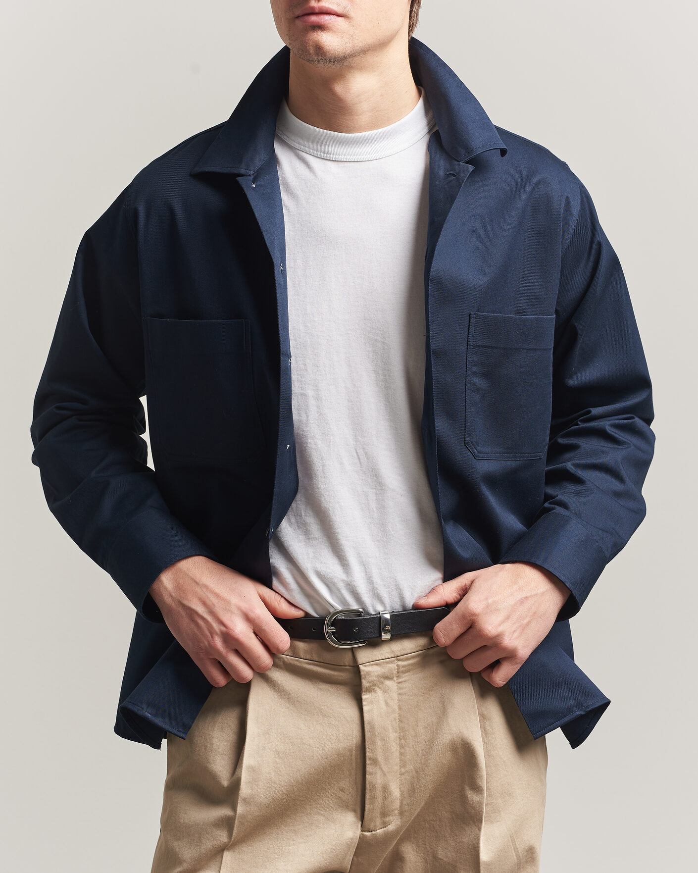 Homme | Chemises | Oscar Jacobson | Straight Fit Bowling Collar Cotton Shirt Navy