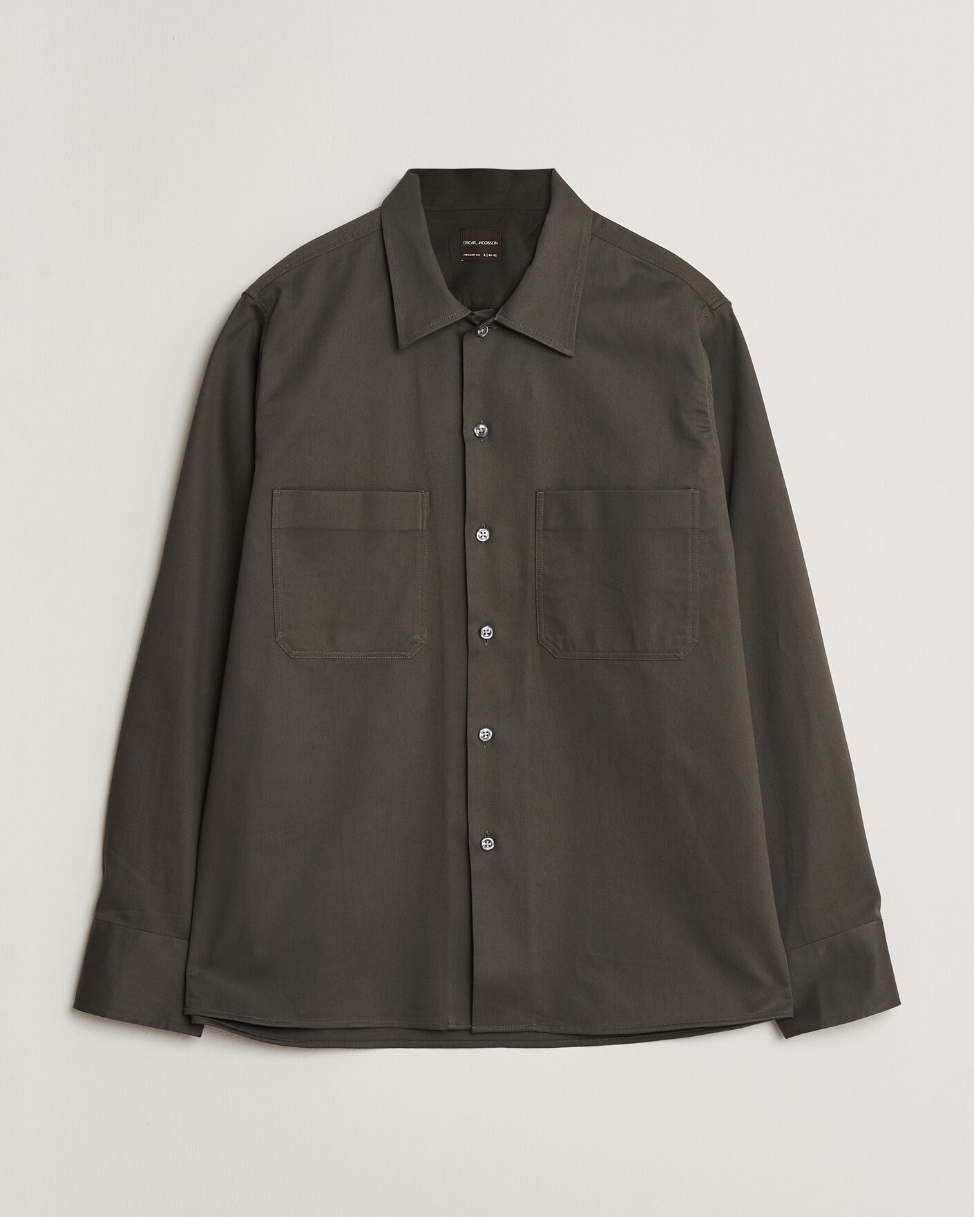 Homme | Chemises | Oscar Jacobson | Straight Fit Bowling Collar Cotton Shirt Olive