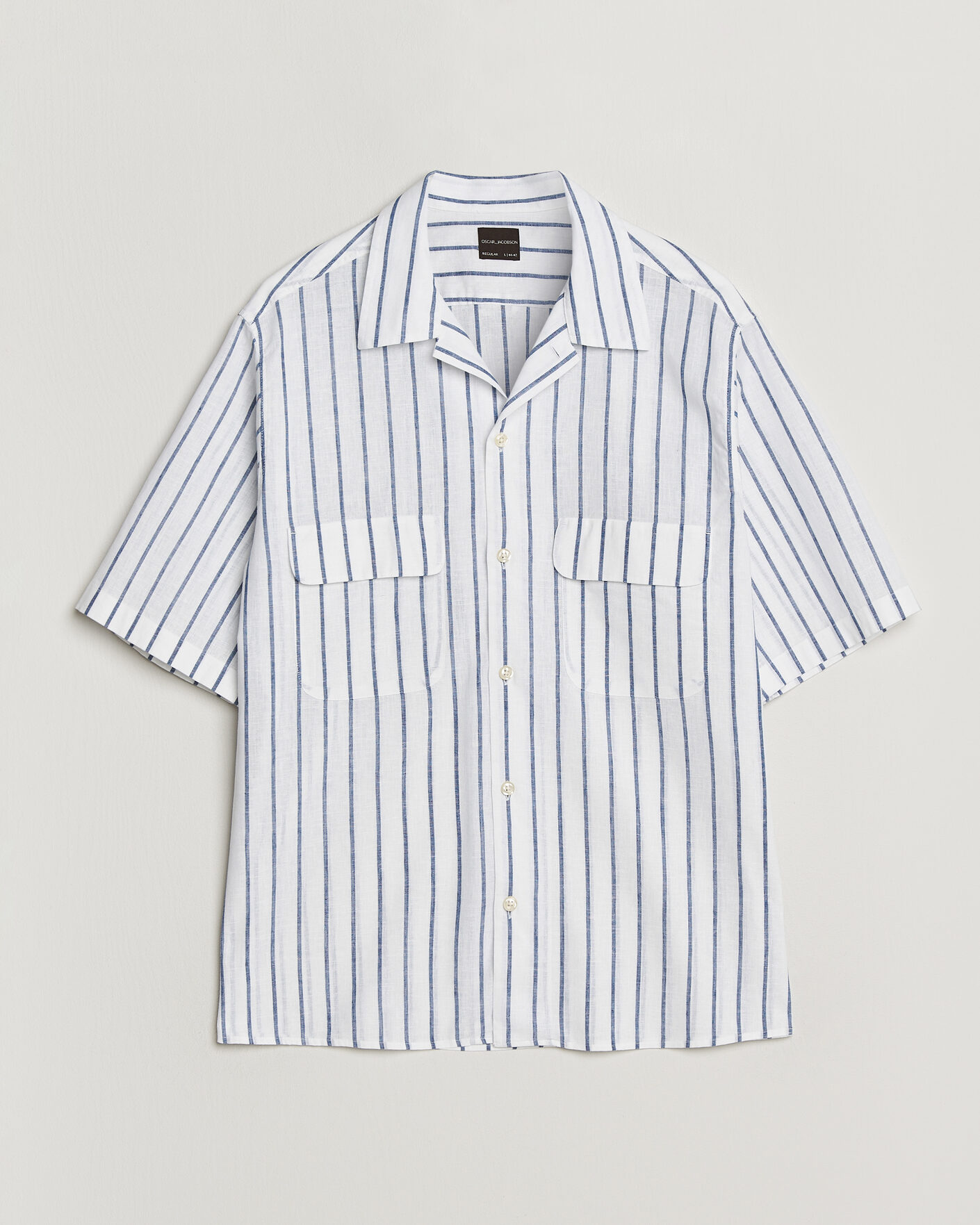Homme | Chemises | Oscar Jacobson | Striped Short Sleeve Linen Shirt Navy/White