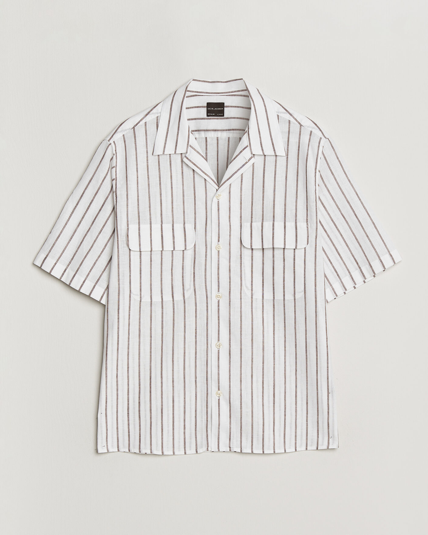 Homme | Chemises | Oscar Jacobson | Striped Short Sleeve Linen Shirt Brown/White