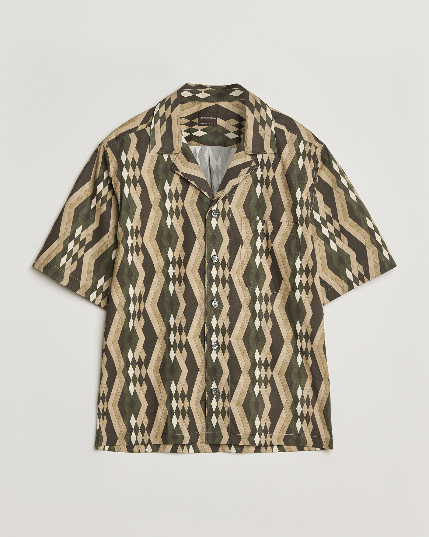 Homme | Chemises | Oscar Jacobson | Reg Fit Cuban Printed Short Sleeve Shirt Olive