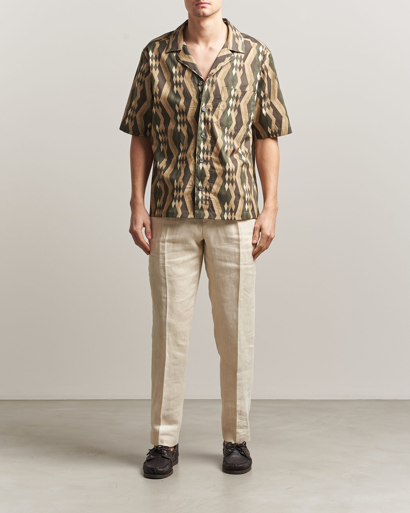 Homme | Chemises | Oscar Jacobson | Reg Fit Cuban Printed Short Sleeve Shirt Olive