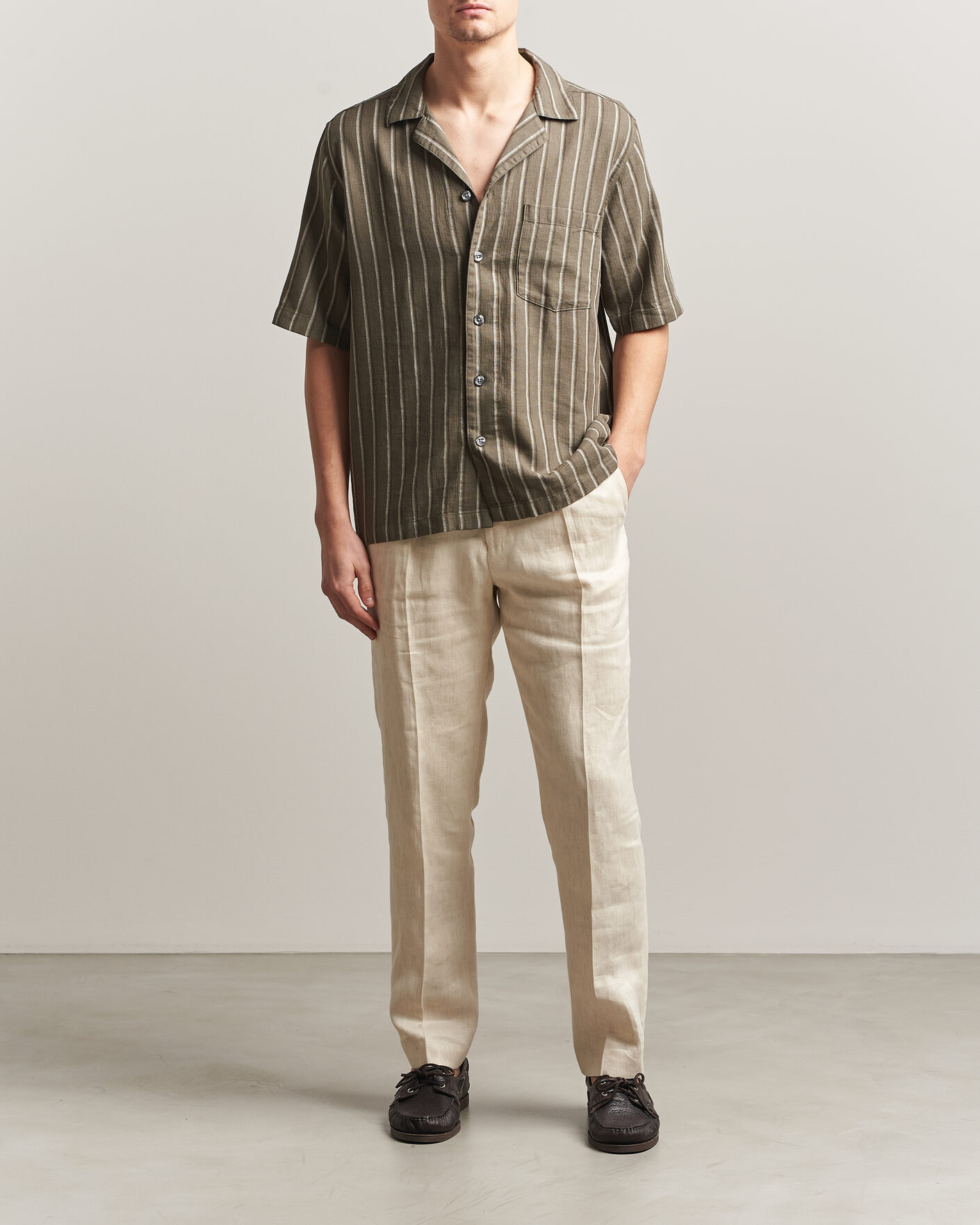 Homme | Chemises | Oscar Jacobson | Reg Fit Cuban Herringbone Short Sleeve Shirt Green