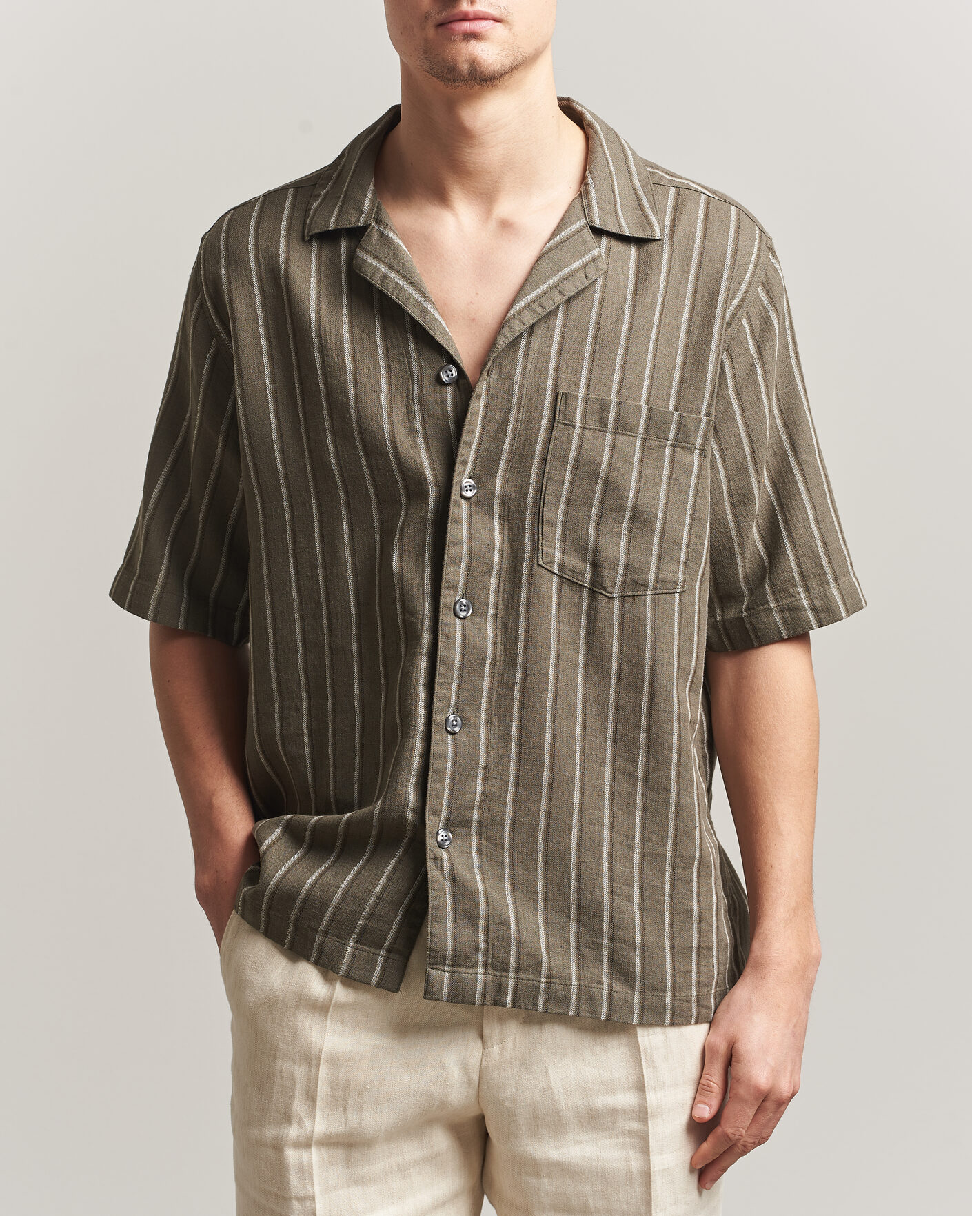 Homme | Chemises | Oscar Jacobson | Reg Fit Cuban Herringbone Short Sleeve Shirt Green