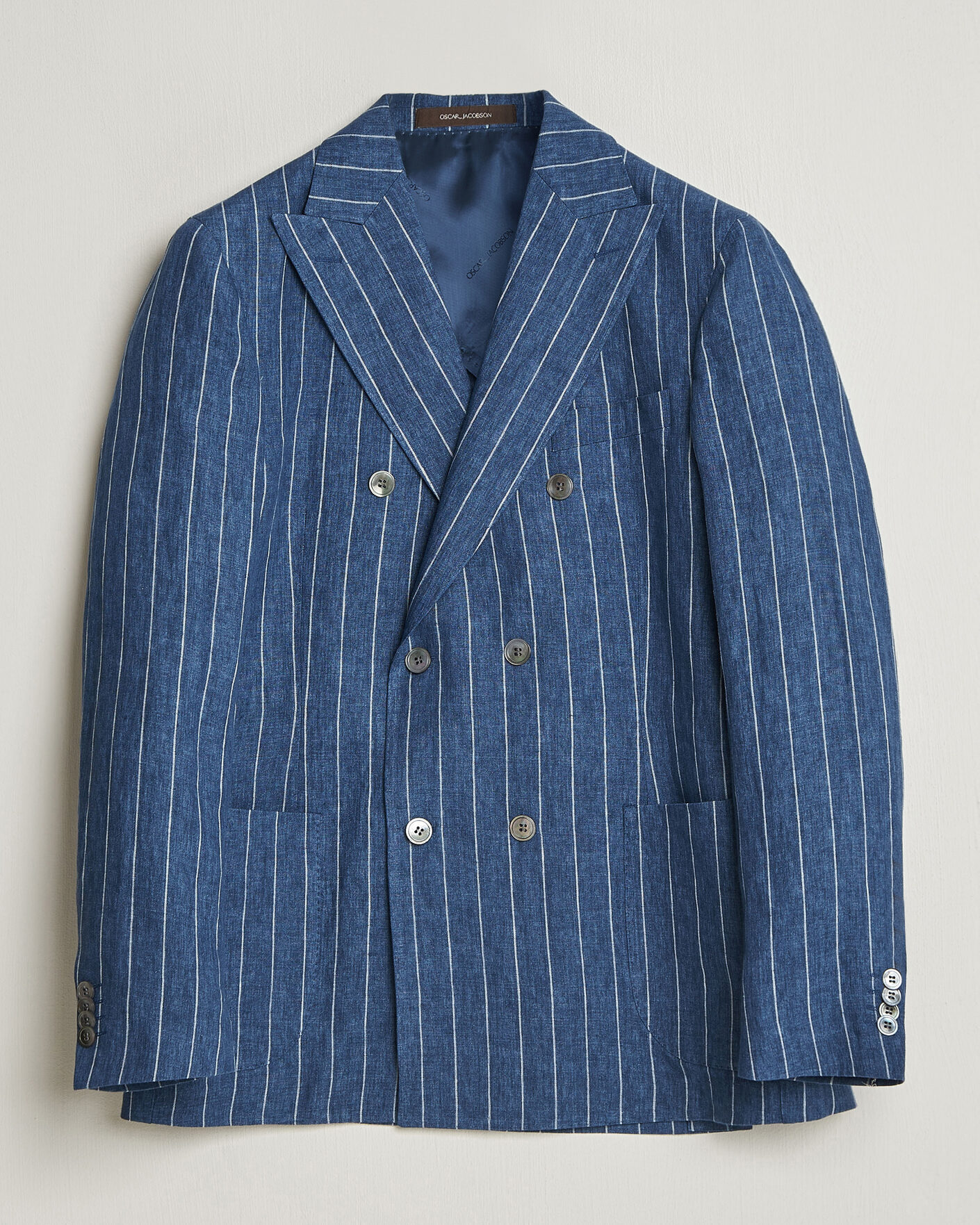 Homme | Blazers | Oscar Jacobson | Farrys Patch Striped Linen Blazer Blue