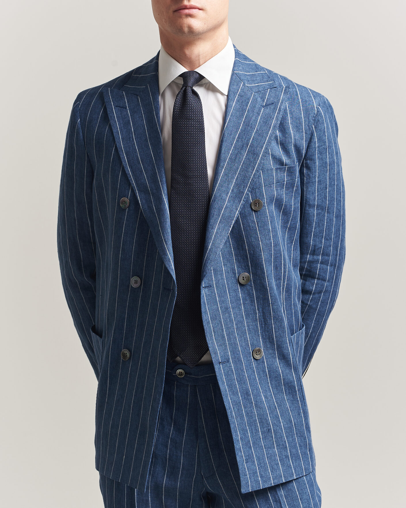 Homme | Blazers | Oscar Jacobson | Farrys Patch Striped Linen Blazer Blue
