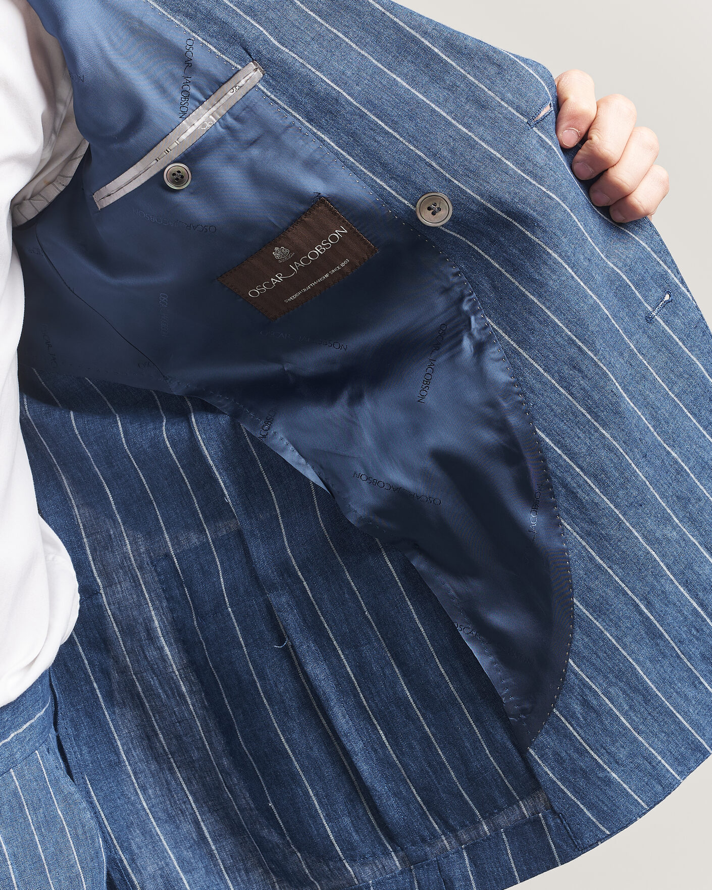 Homme | Blazers | Oscar Jacobson | Farrys Patch Striped Linen Blazer Blue