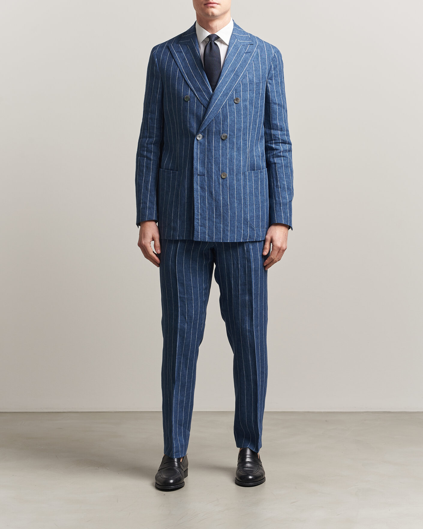 Homme | Pantalons | Oscar Jacobson | Dandy Striped Linen Trousers Blue