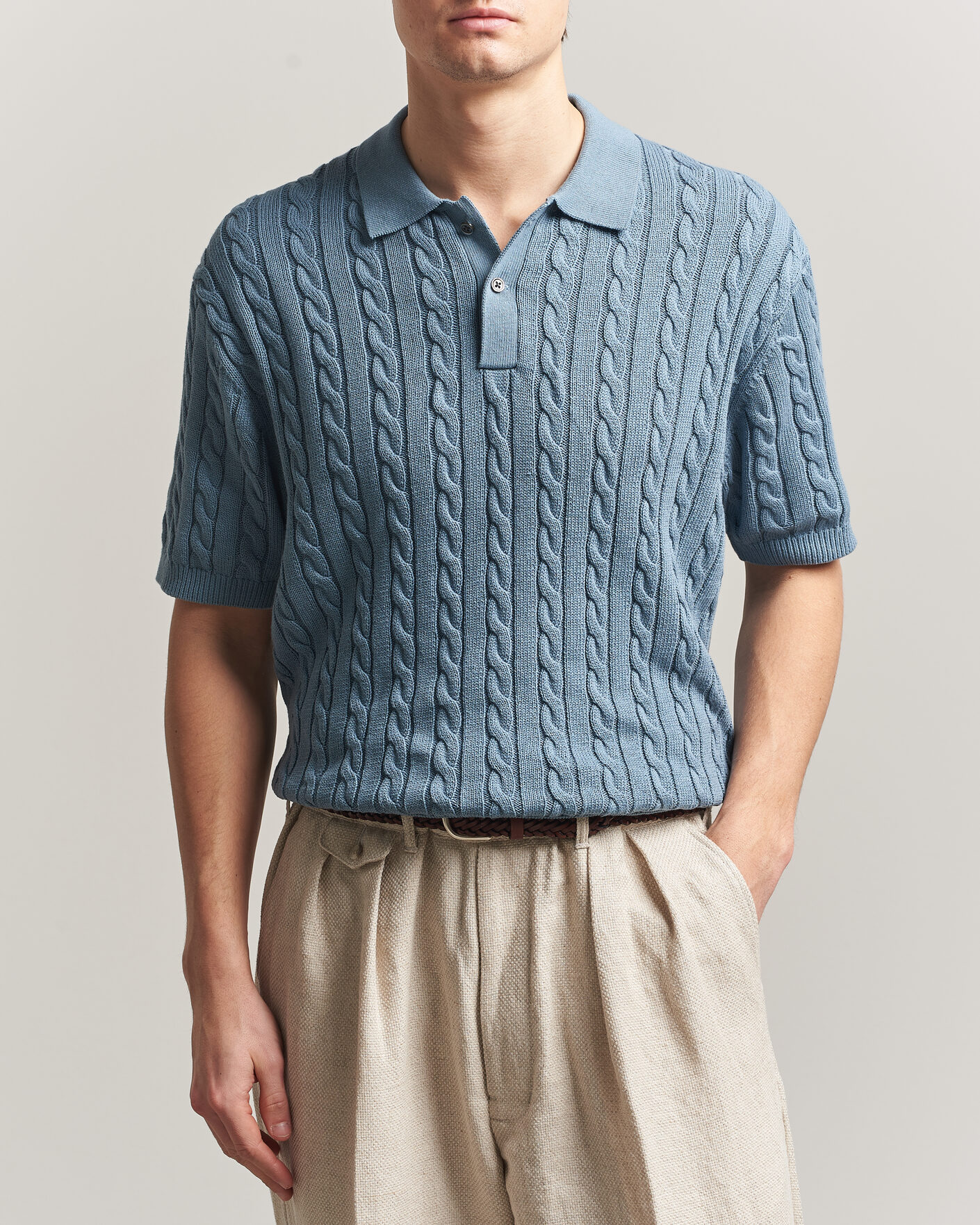 Homme | Polos | BEAMS PLUS | Short Sleeve Cable Polo Blue