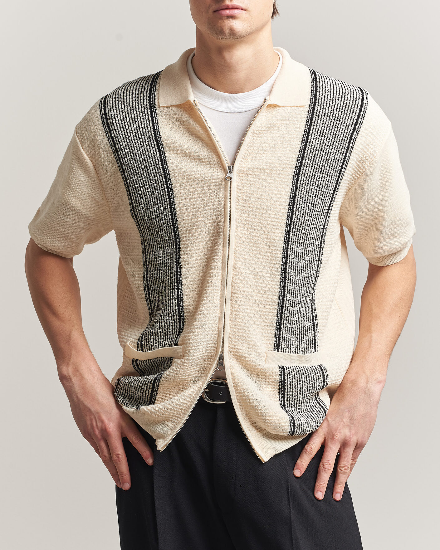 Homme | Polos | BEAMS PLUS | Zip Knit Striped Polo Off White