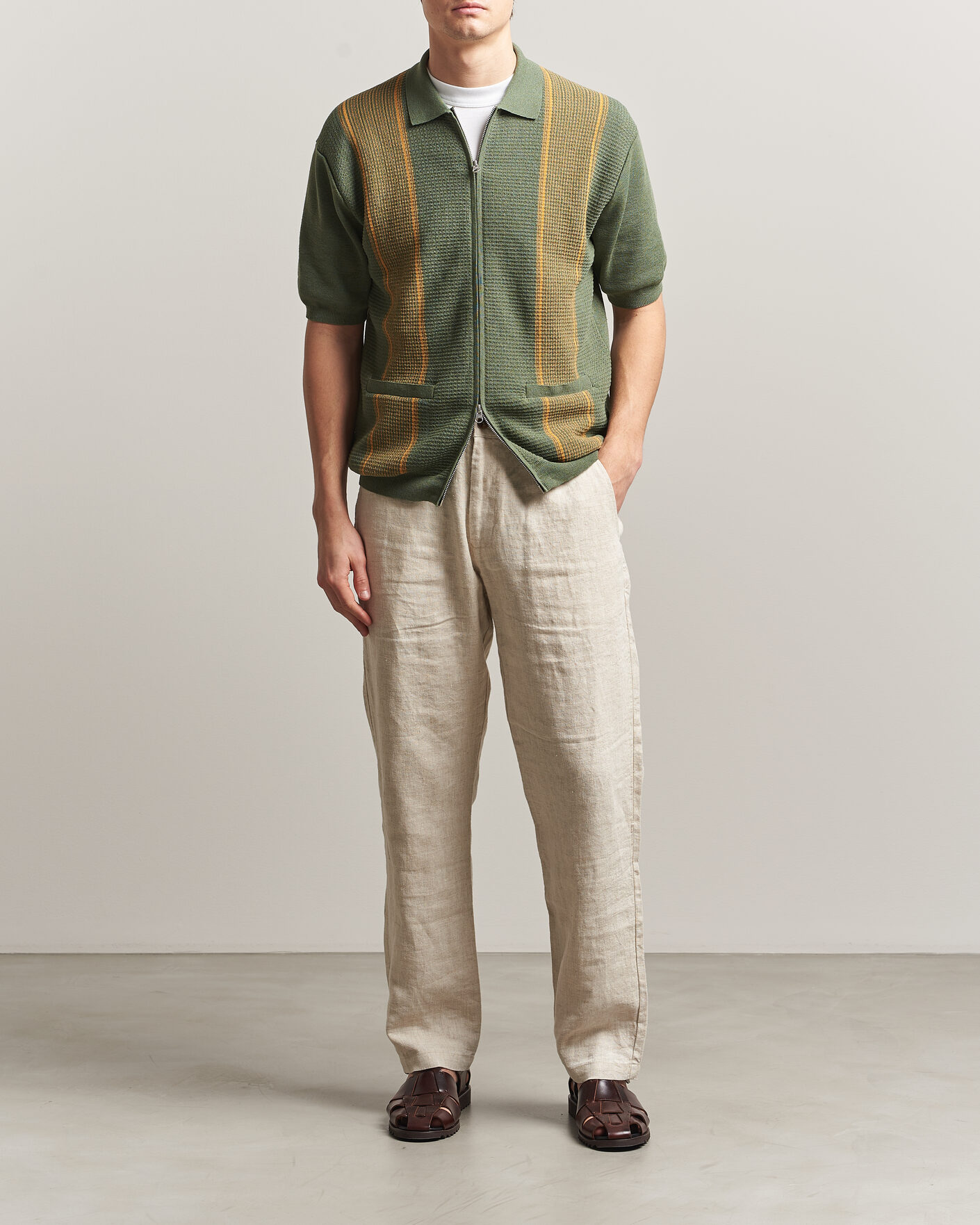 Homme | Polos | BEAMS PLUS | Zip Knit Striped Polo Olive