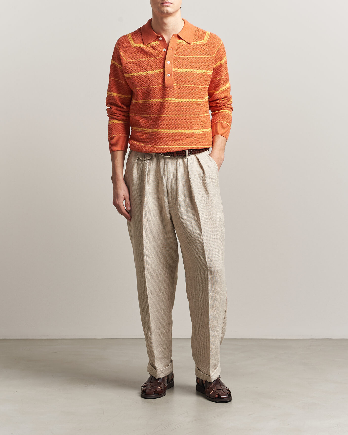 Homme | Polos | BEAMS PLUS | Long Sleeve Knit Polo Orange Stripe